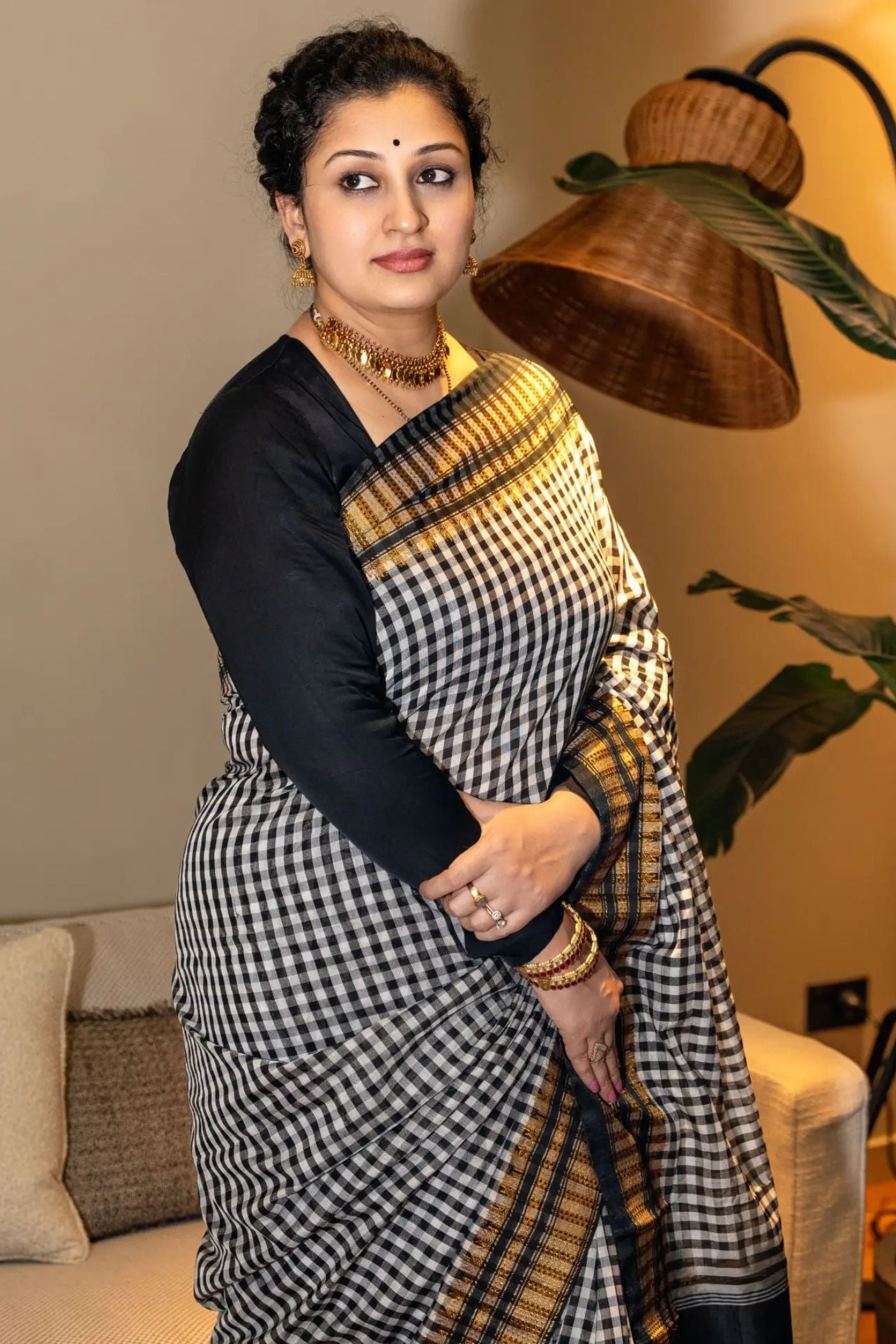 Buy MySilkLove Matte Black Checks Pattern Pure Silk Irkal Saree Online