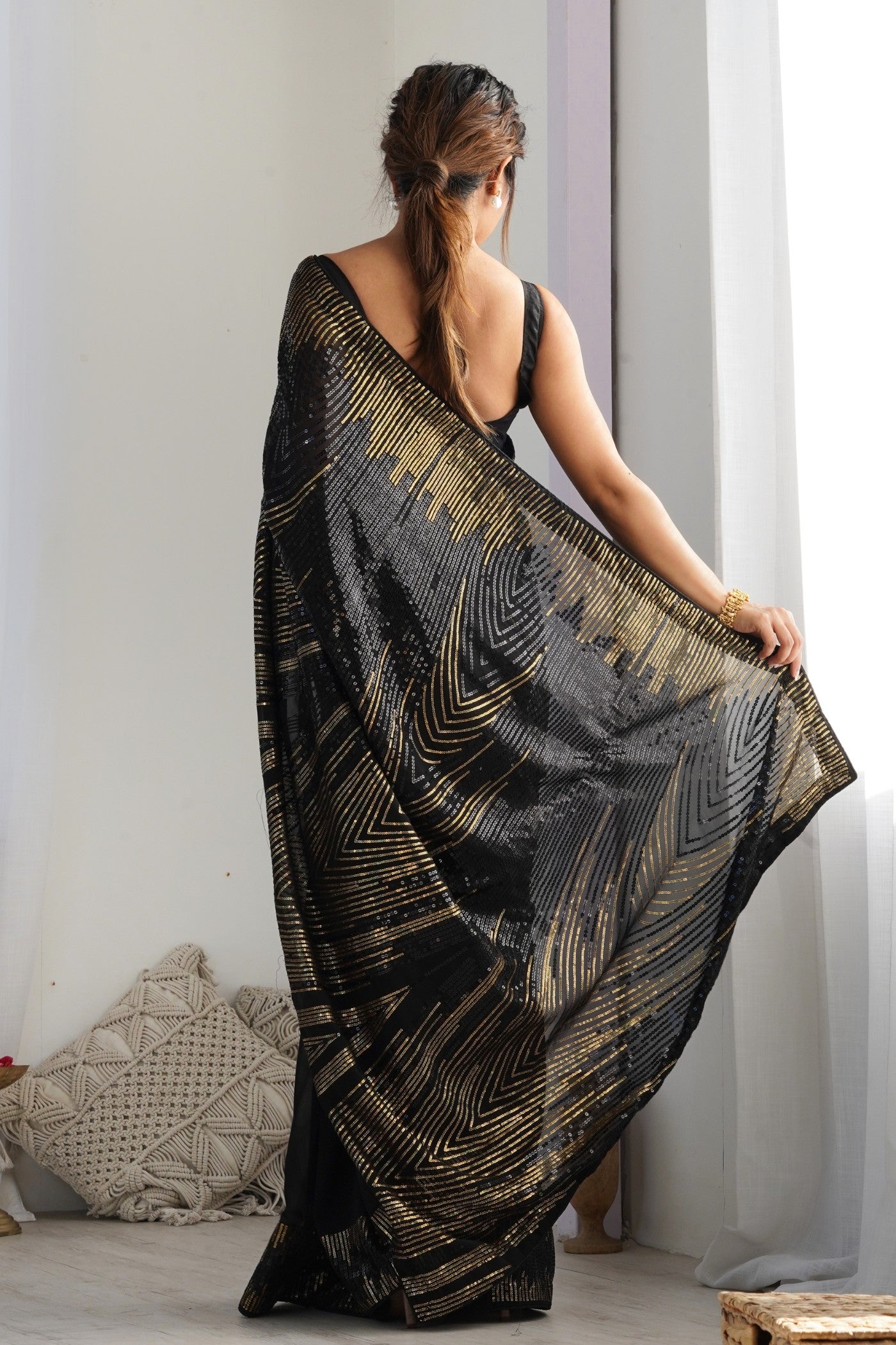 Buy MySilkLove Pitch Black Georgette Partywear Saree Online