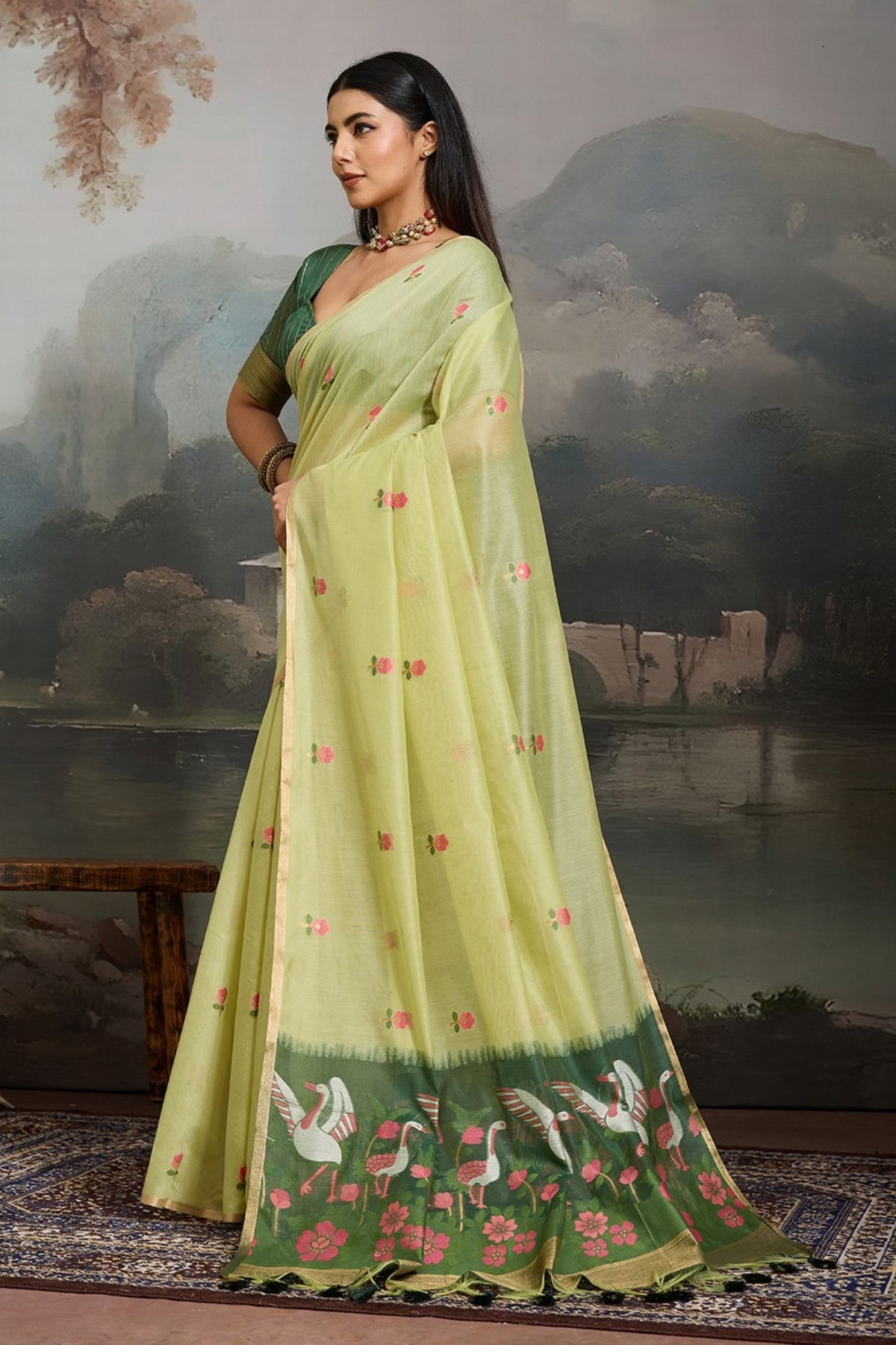Buy MySilkLove Willow Green Cotton Handloom Swan Saree Online