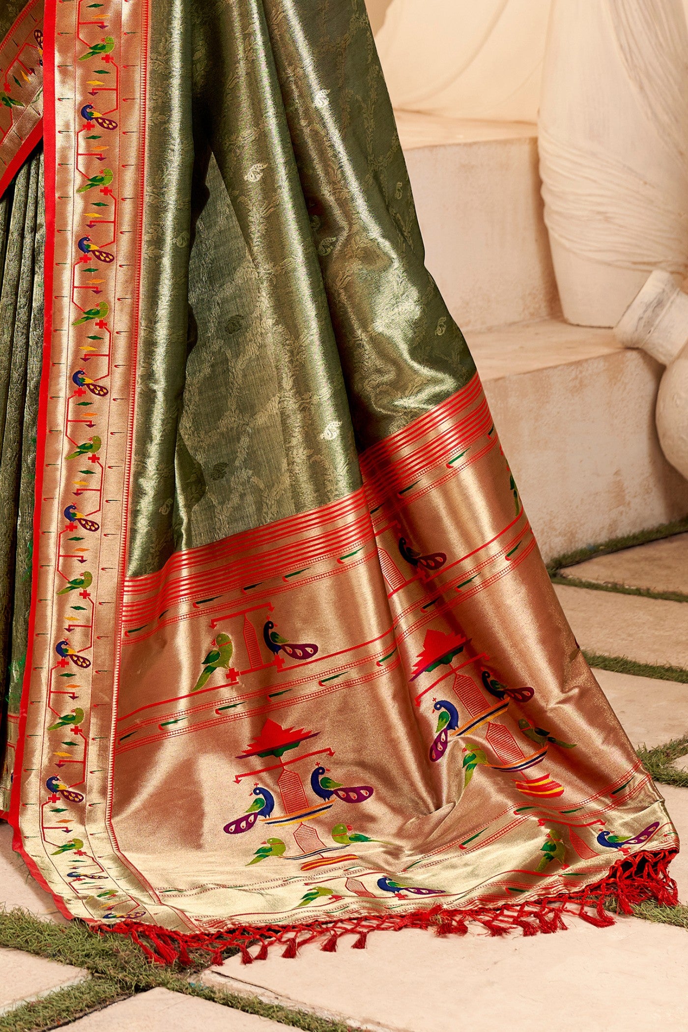 Buy MySilkLove Finch Brown Zari Woven Paithani Tissue Saree Online