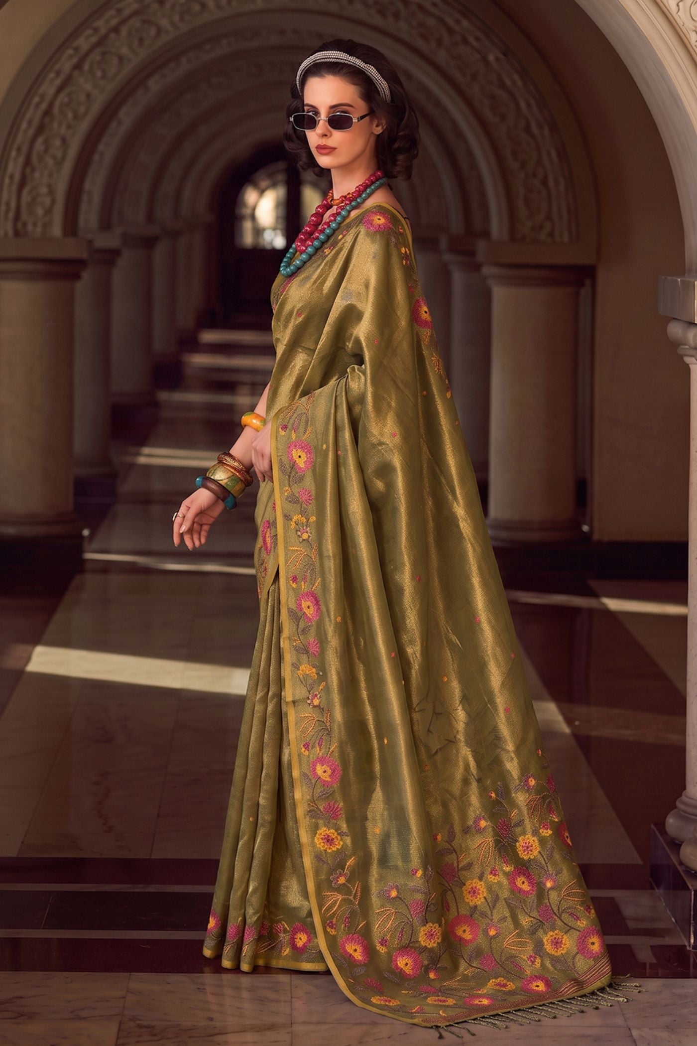 Buy MySilkLove Mehendi Green Woven Floral Tissue Saree Online