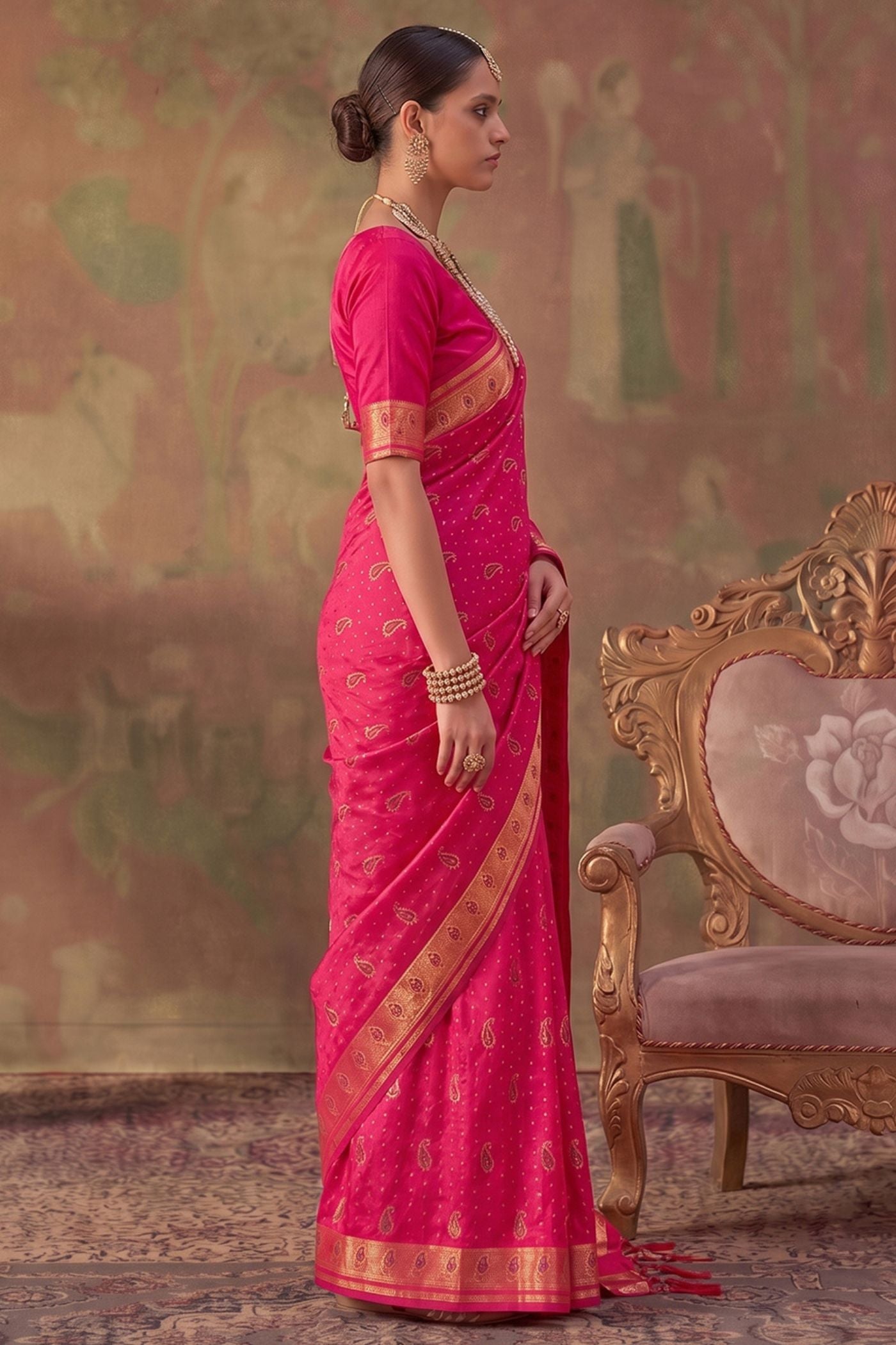 Buy MySilkLove Fuchsia Pink Woven Banarasi Soft Silk Saree Online