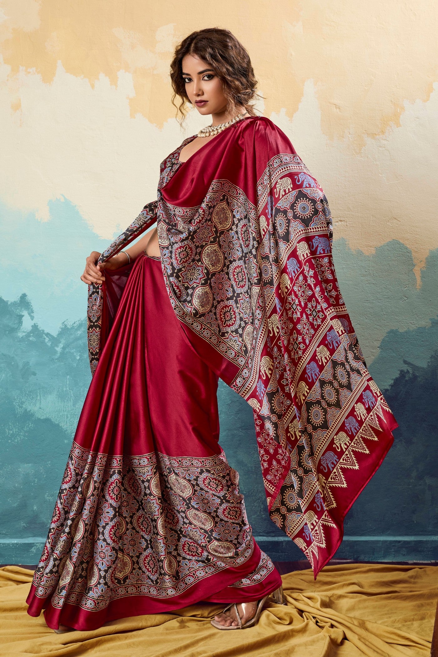 Buy MySilkLove Tomato Red Modal Ajrakh Satin Printed Silk Saree Online