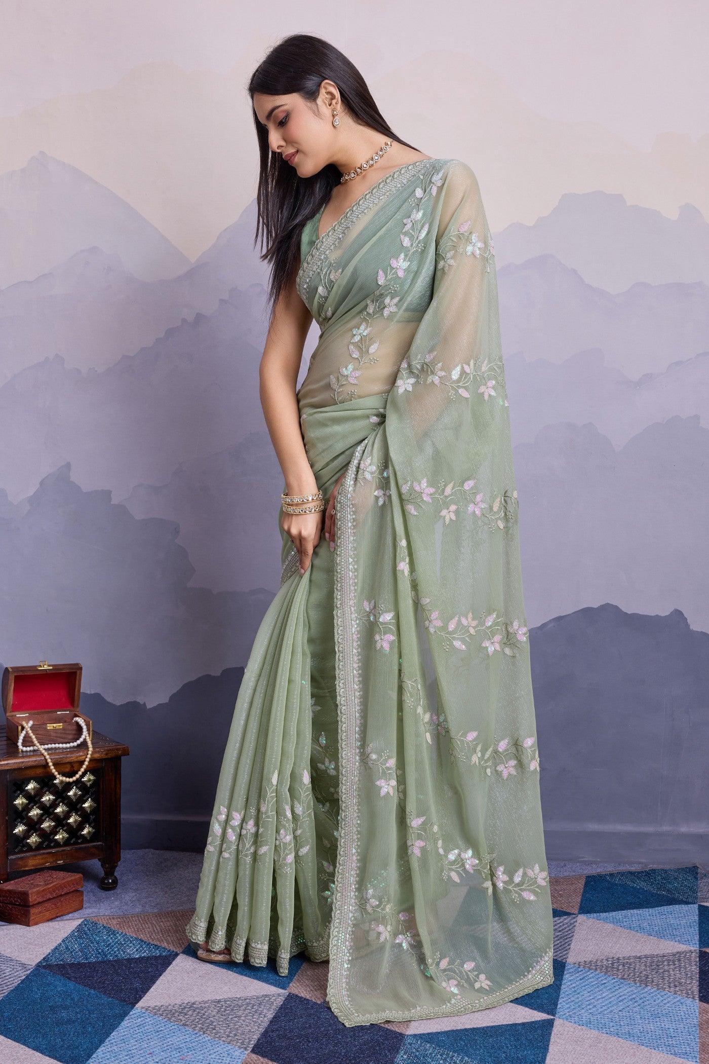 Buy MySilkLove Pastel Green Embroidered Designer Chiffon Saree Online