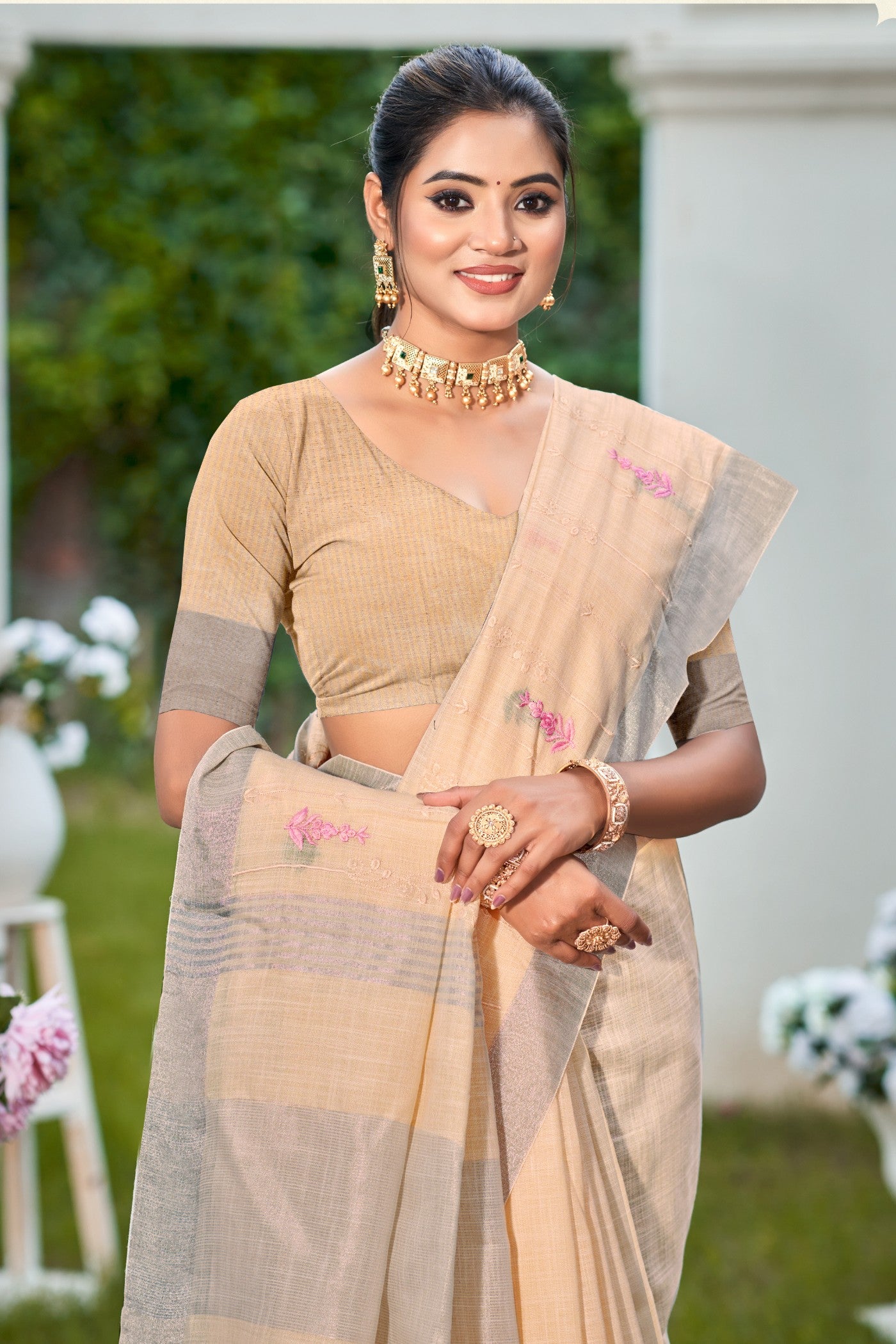 Buy MySilkLove Rosy Peach Woven Cotton Linen Saree Online