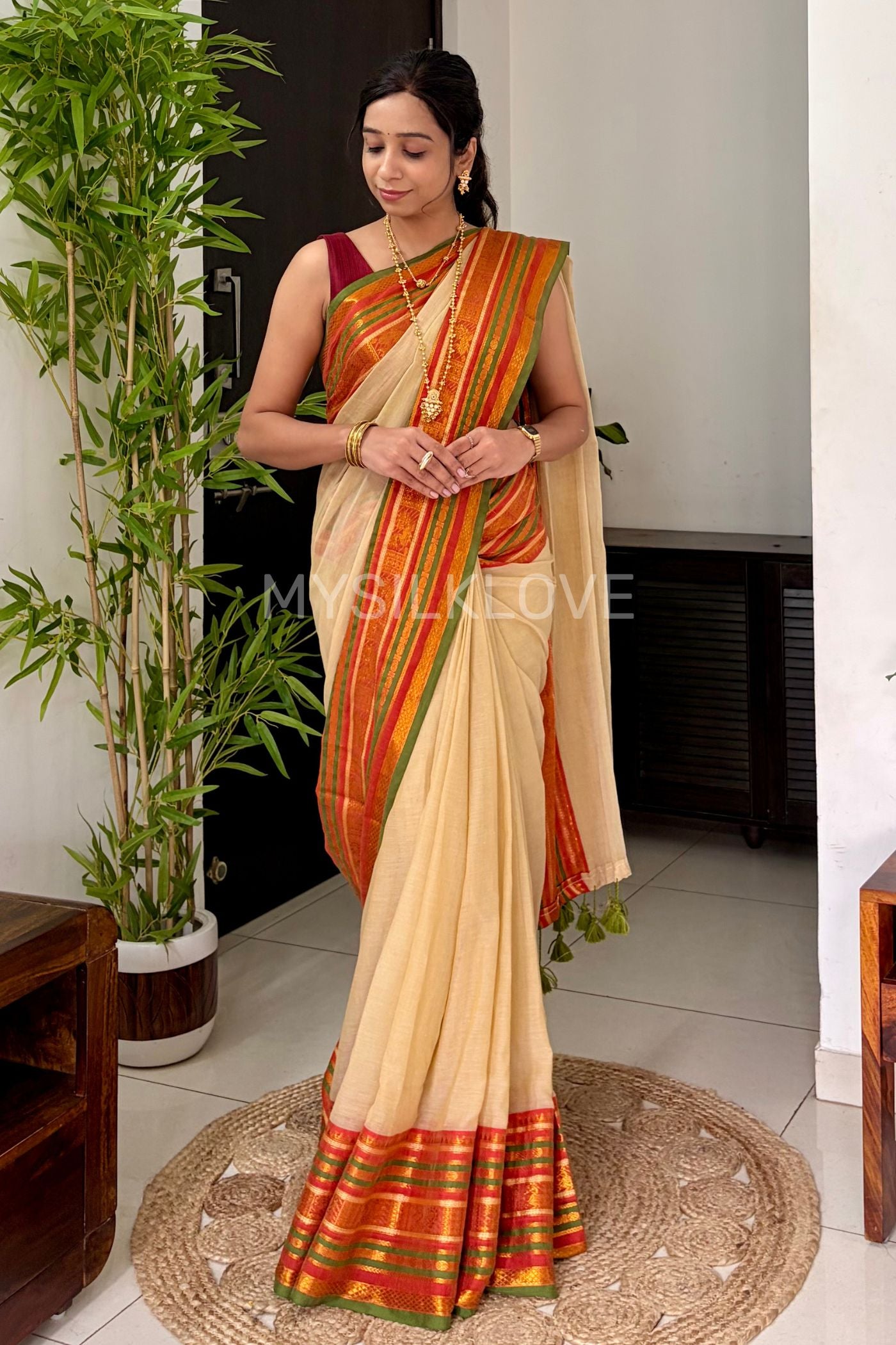 Buy MySilkLove Pistachio Cream Mul Mul Cotton Kanchi Border Kanchipuram Saree Online