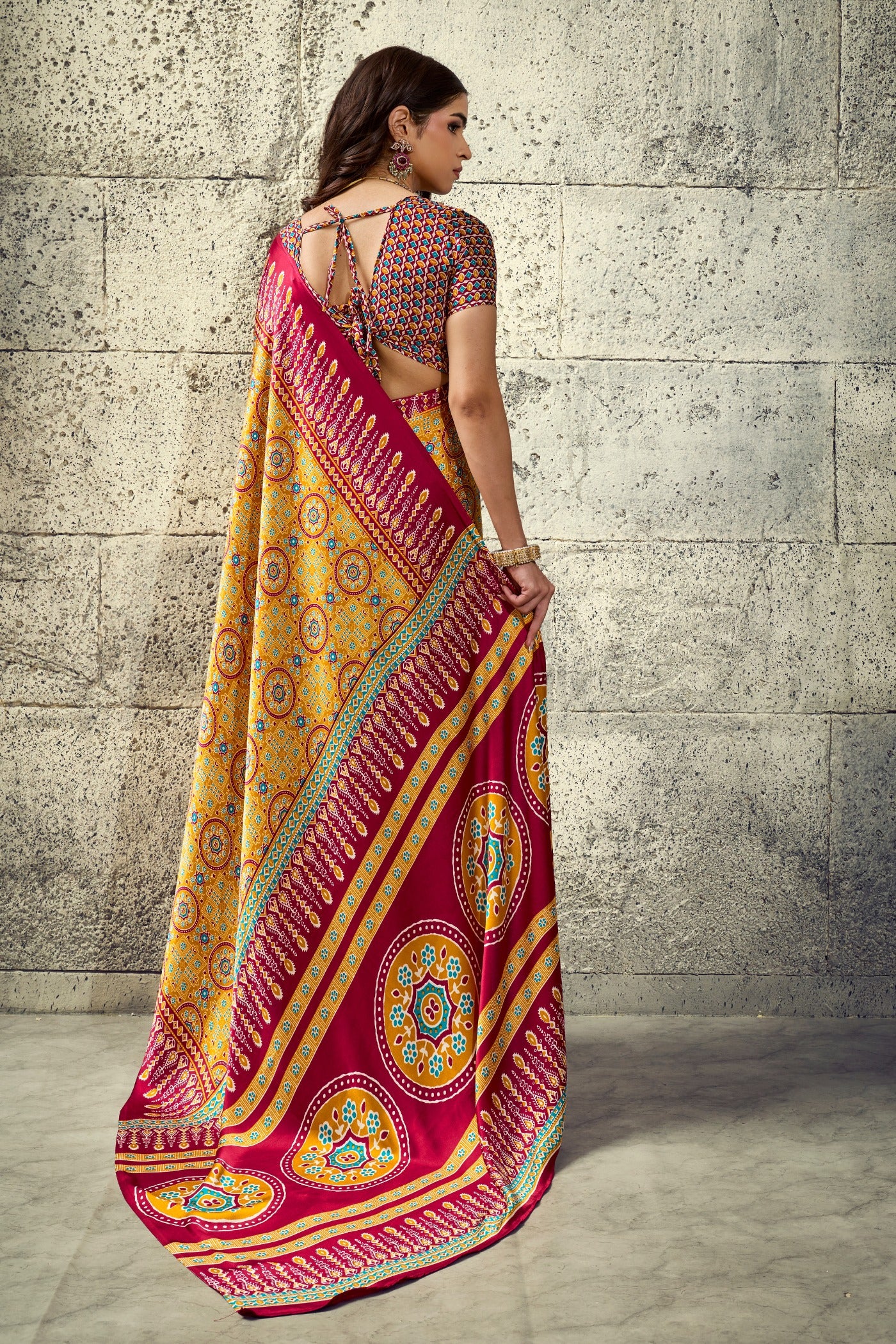 Buy MySilkLove Canary Yellow Modal Ajrakh Satin Printed Silk Saree Online