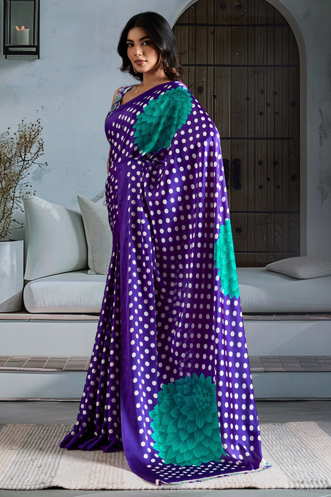 Buy MySilkLove Bondi Blue Printed Polka Dots Satin Crepe Saree Online