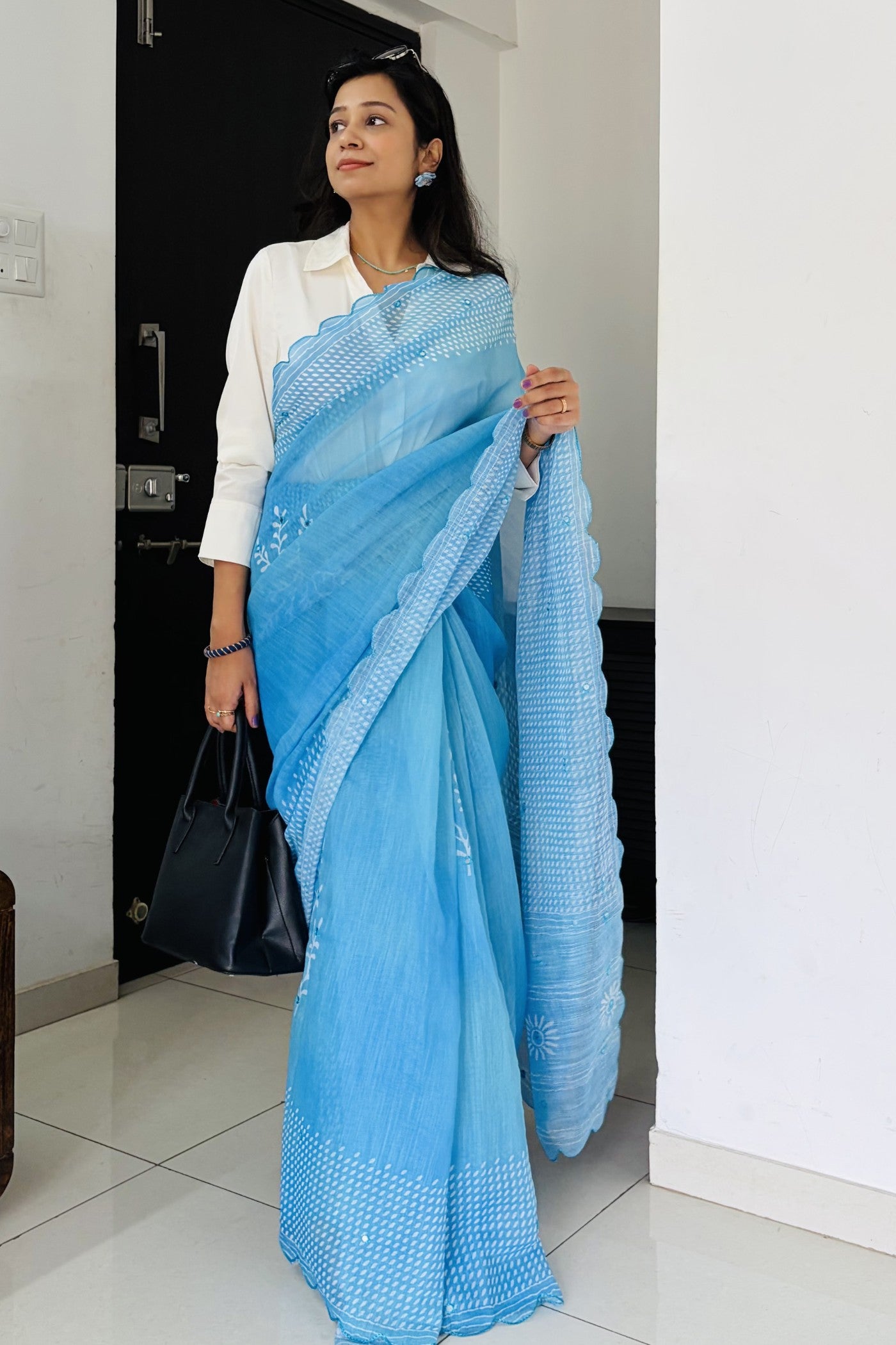 Buy MySilkLove Swim Blue Printed Cotton Saree Online