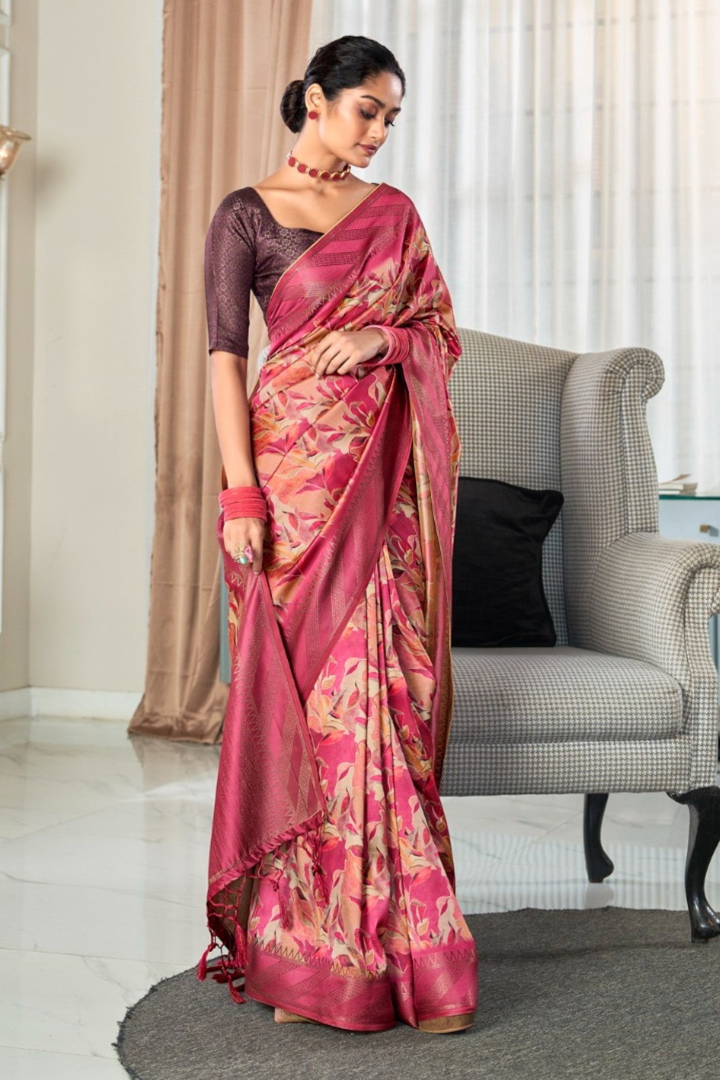 Buy MySilkLove Stiletto Pink Digital Printed Banarasi Saree Online