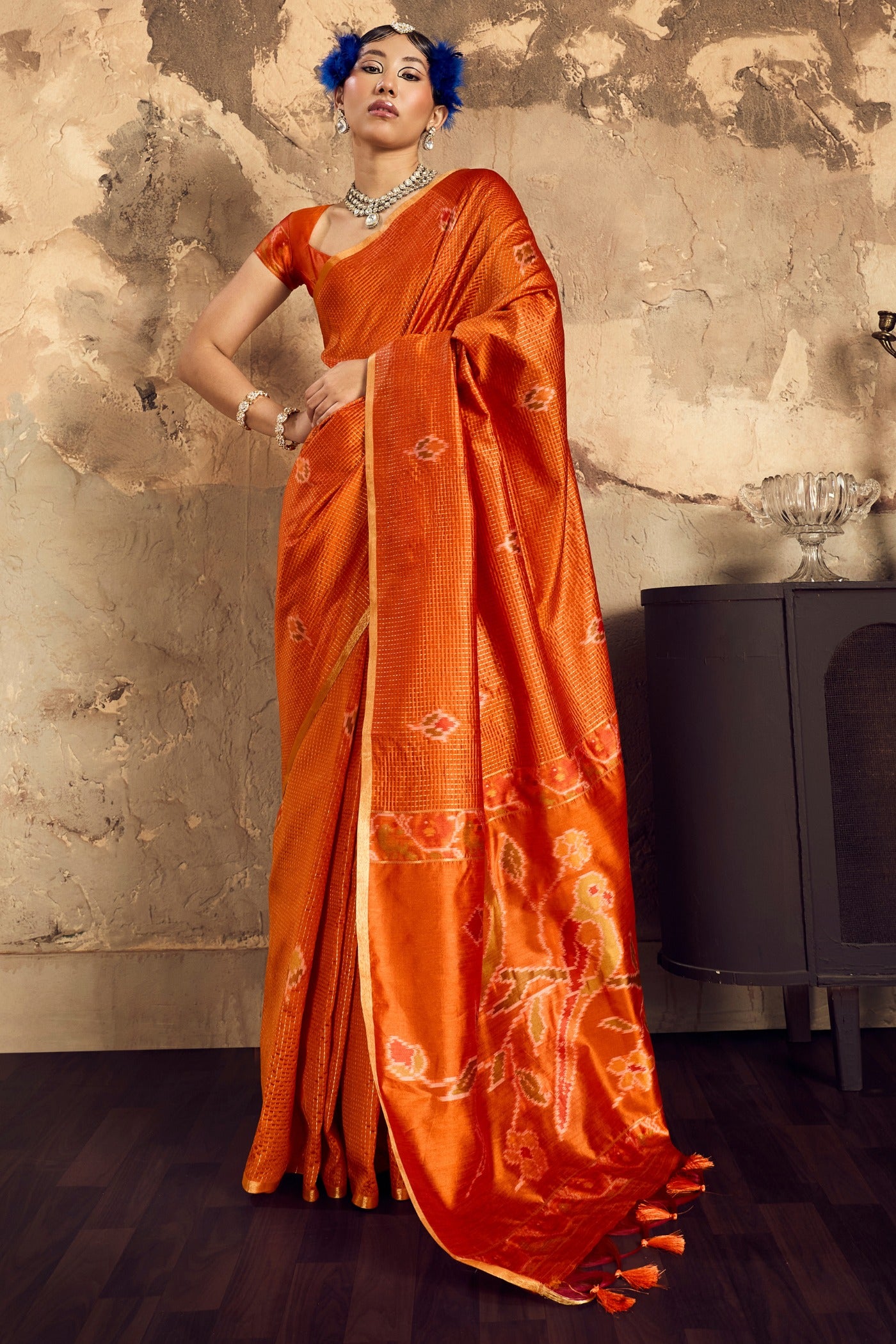 Buy MySilkLove Carrot Orange Tussar Paithani Fusion Handloom Saree Online