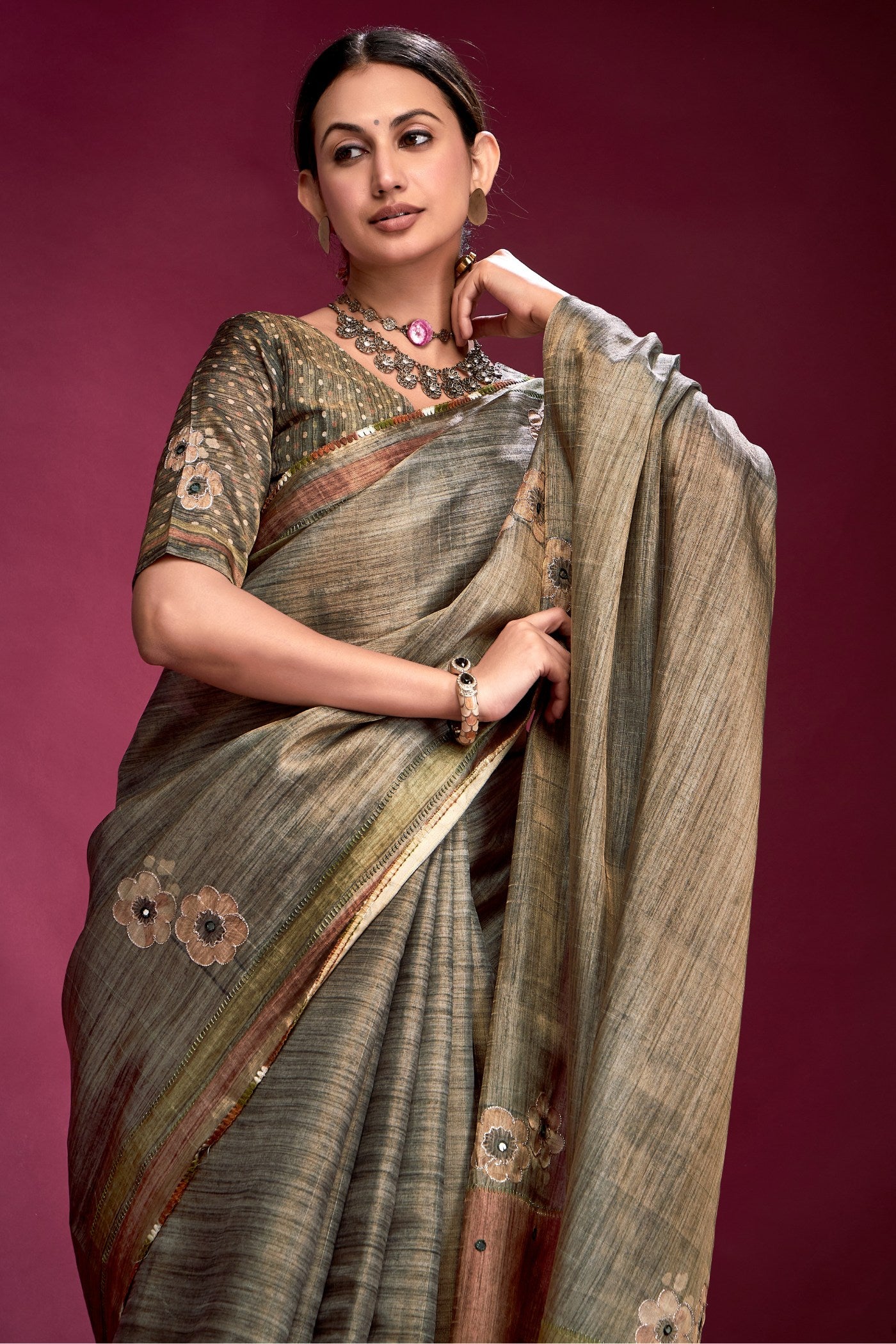 Buy MySilkLove Woody Grey Woven Tussar Silk Saree Online