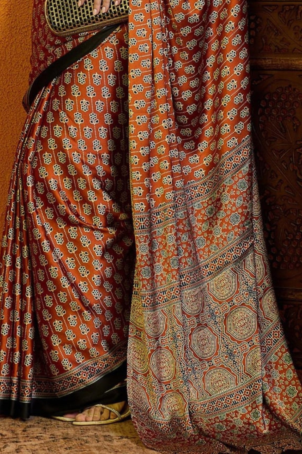 Buy MySilkLove Sepia Skin Brown Printed Ajrakh Satin Crepe Saree Online