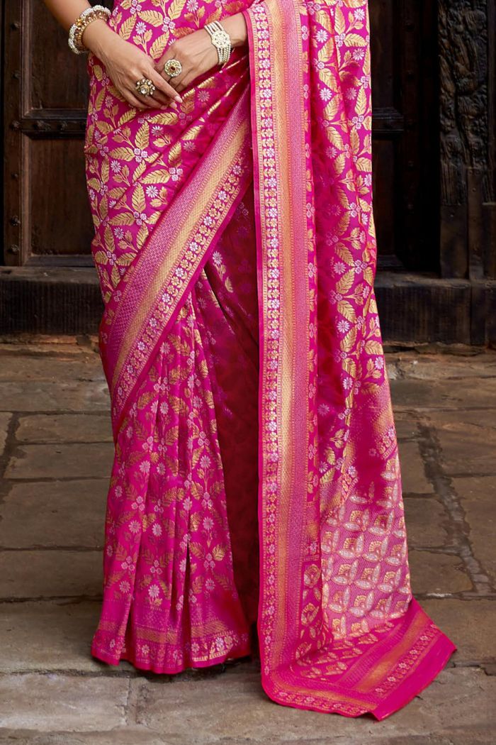 Buy MySilkLove Hibiscus Pink Woven Banarasi Saree Online