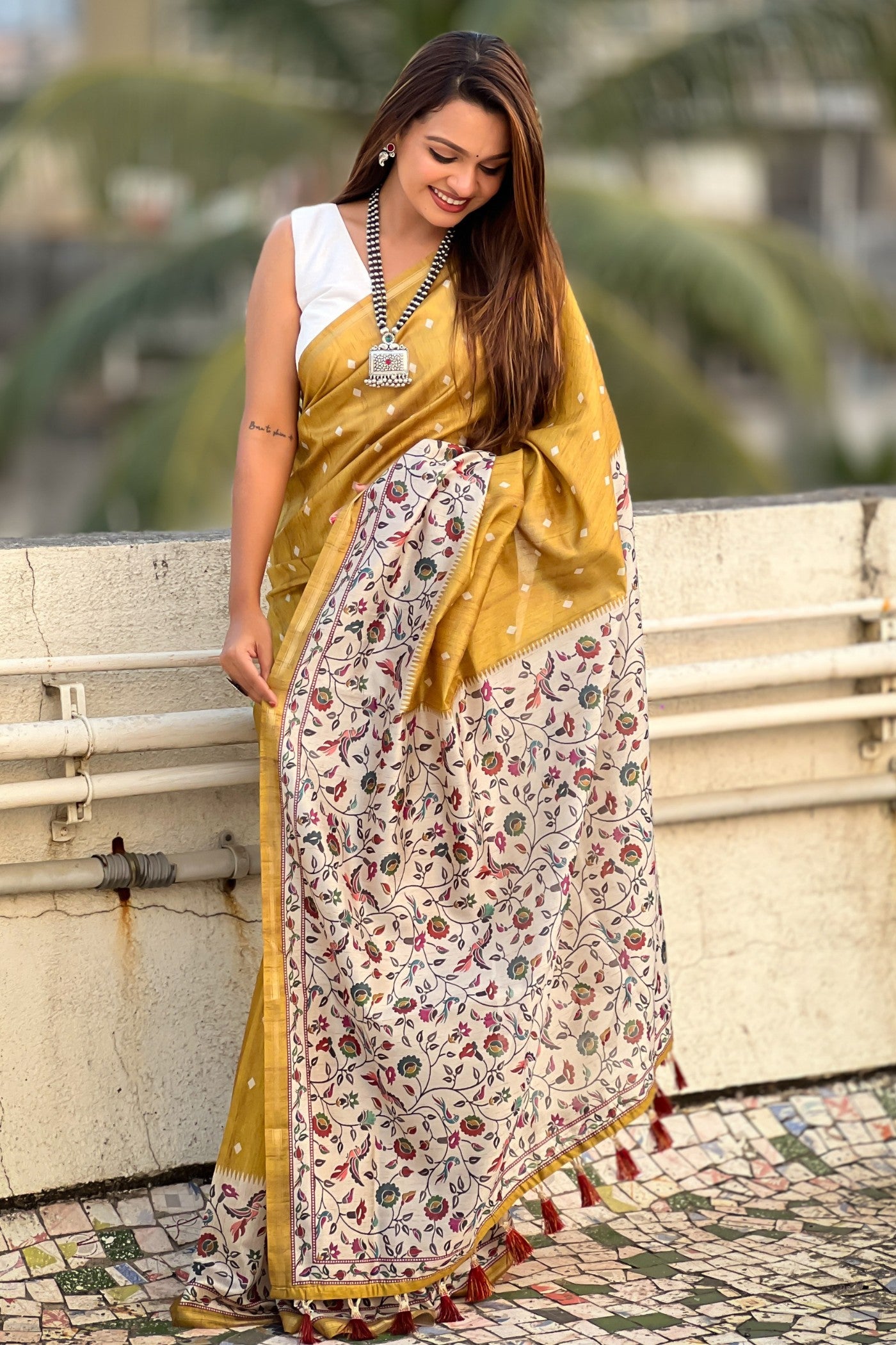 Buy MySilkLove Mustard Yellow Floral Printed Kalamkari Saree Online