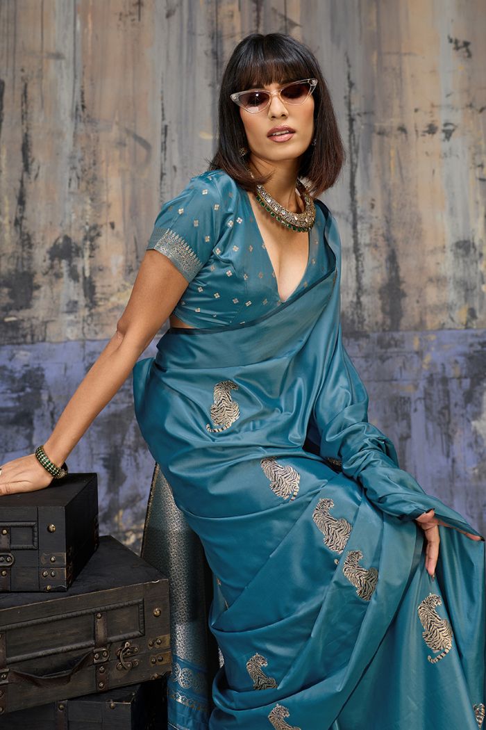 MySilkLove Cyan Blue Handloom Satin Soft Silk Saree