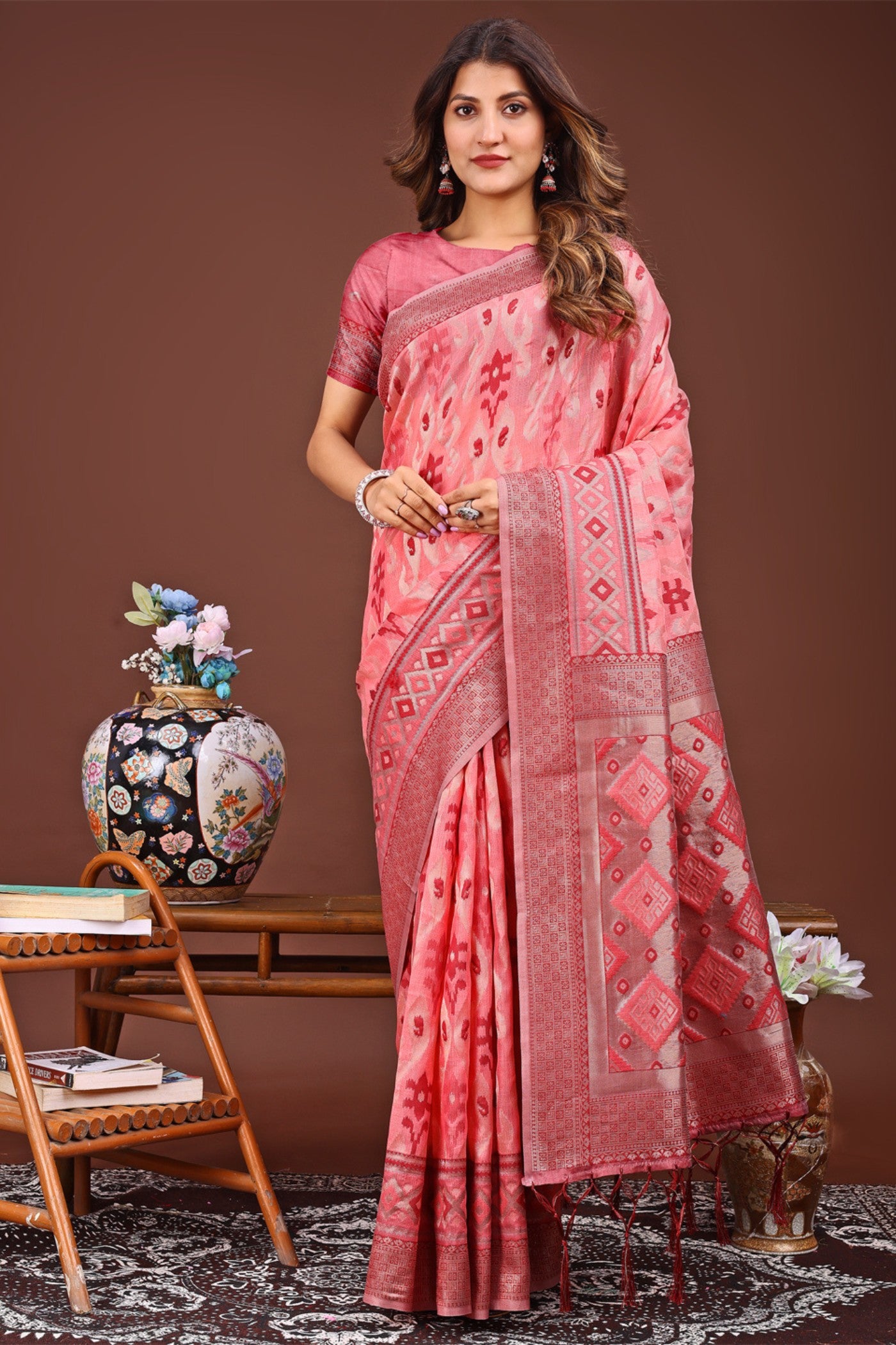 Buy MySilkLove Deep Peach Woven Linen Cotton Saree Online