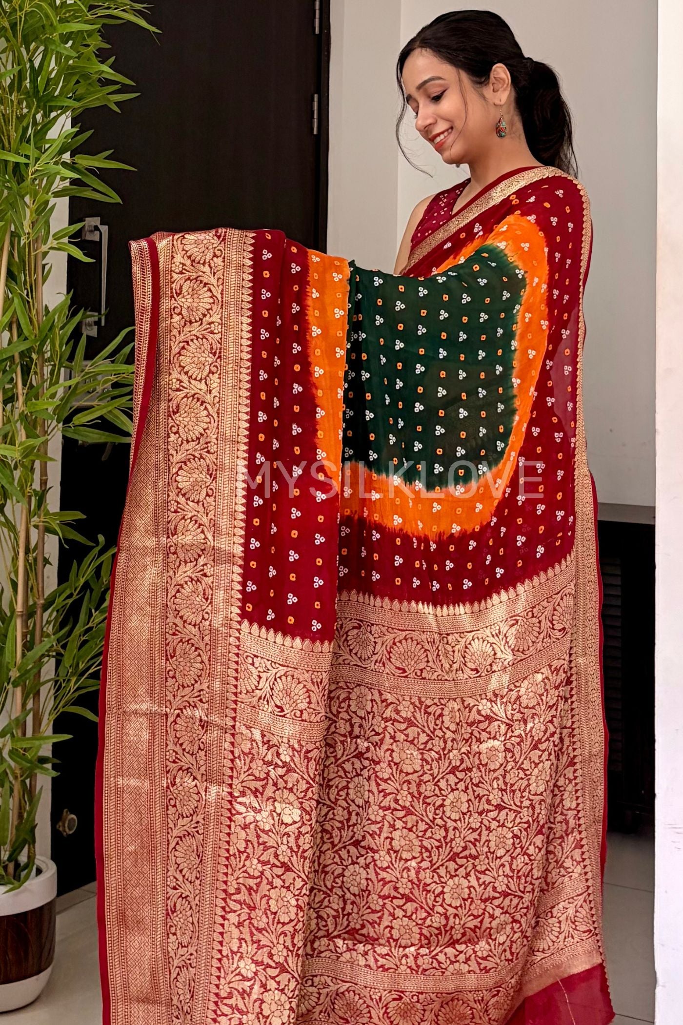 Buy MySilkLove Hunter Green and Orange Bandhani Zari Woven Silk Saree Online