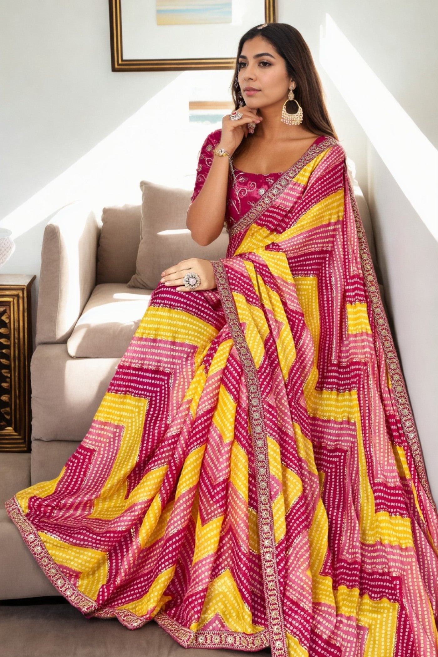 MySilkLove Zest Yellow and Pink Bandhani Digital Printed Silk Saree