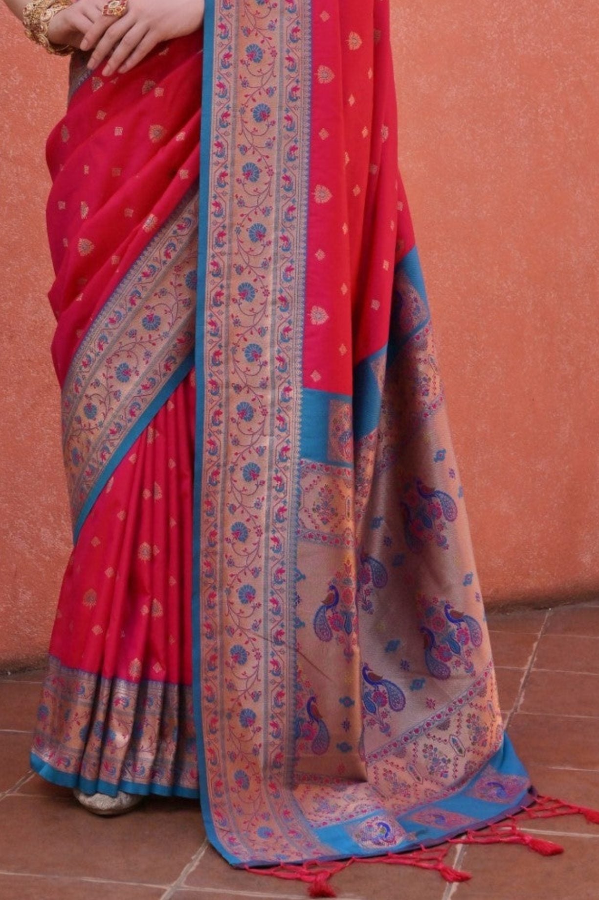 Buy MySilkLove Cardinal Red and Blue Zari Woven Paithani Saree Online