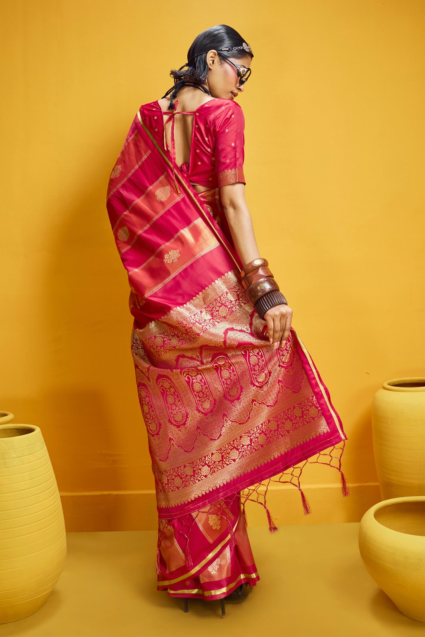 Buy MySilkLove Fire Brick Red Banarasi Handloom Satin Silk Saree Online