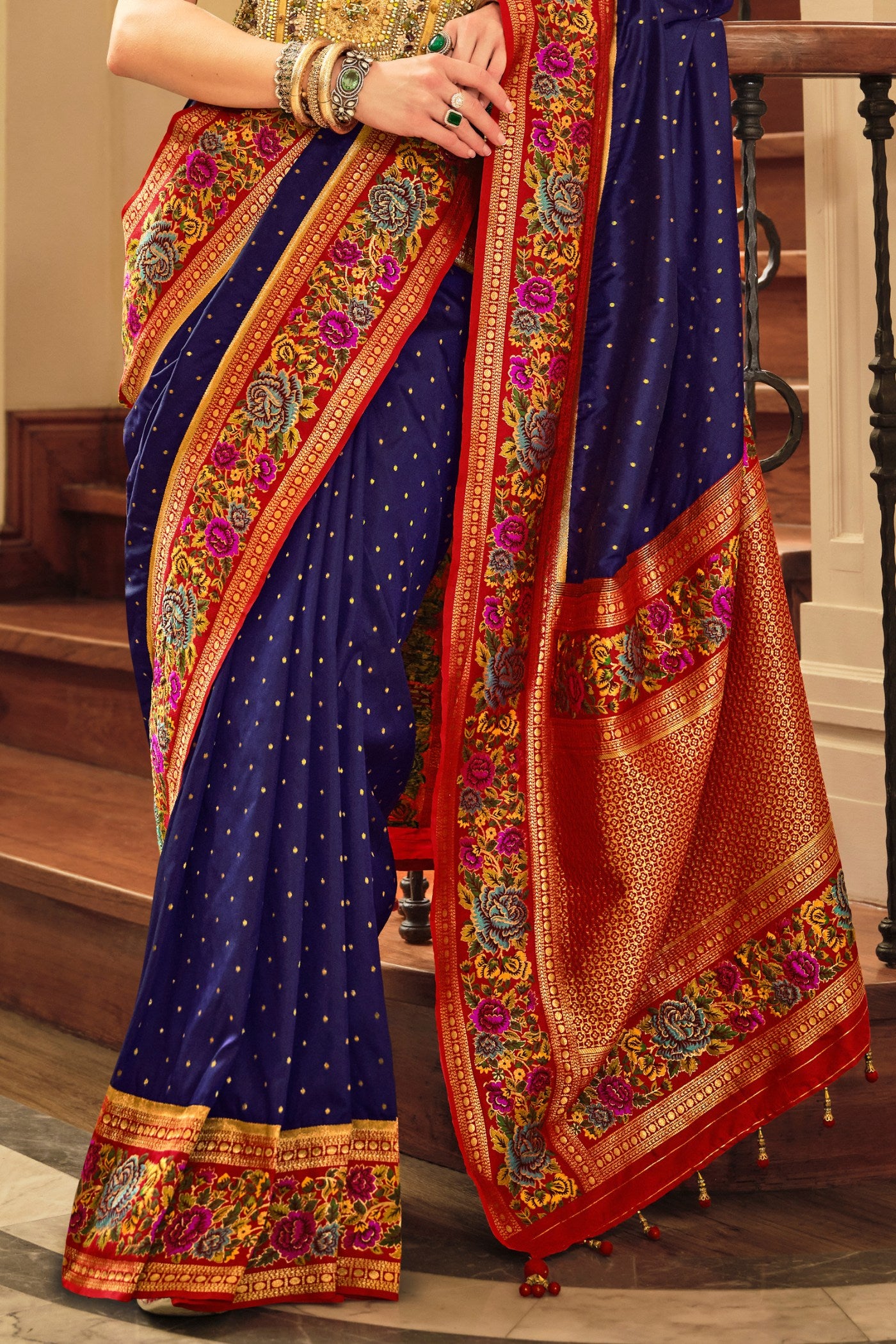 Buy MySilkLove Port Gore Blue Printed Banarasi Saree Online