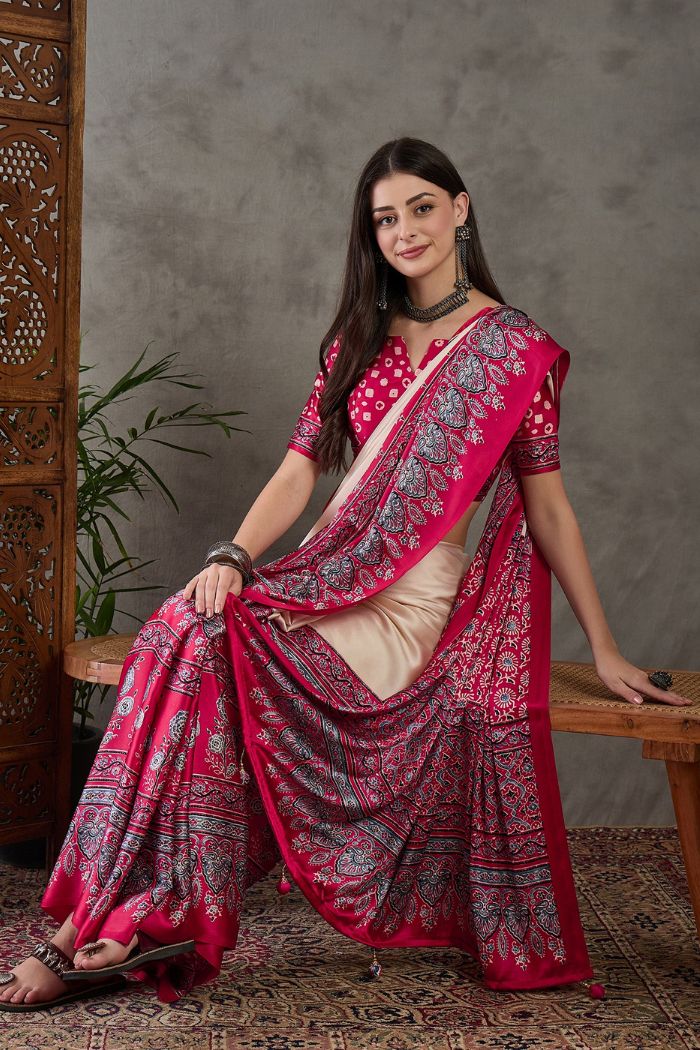 Buy MySilkLove Dust Cream and Red Ajrakh Printed Satin Gaji Silk Saree Online