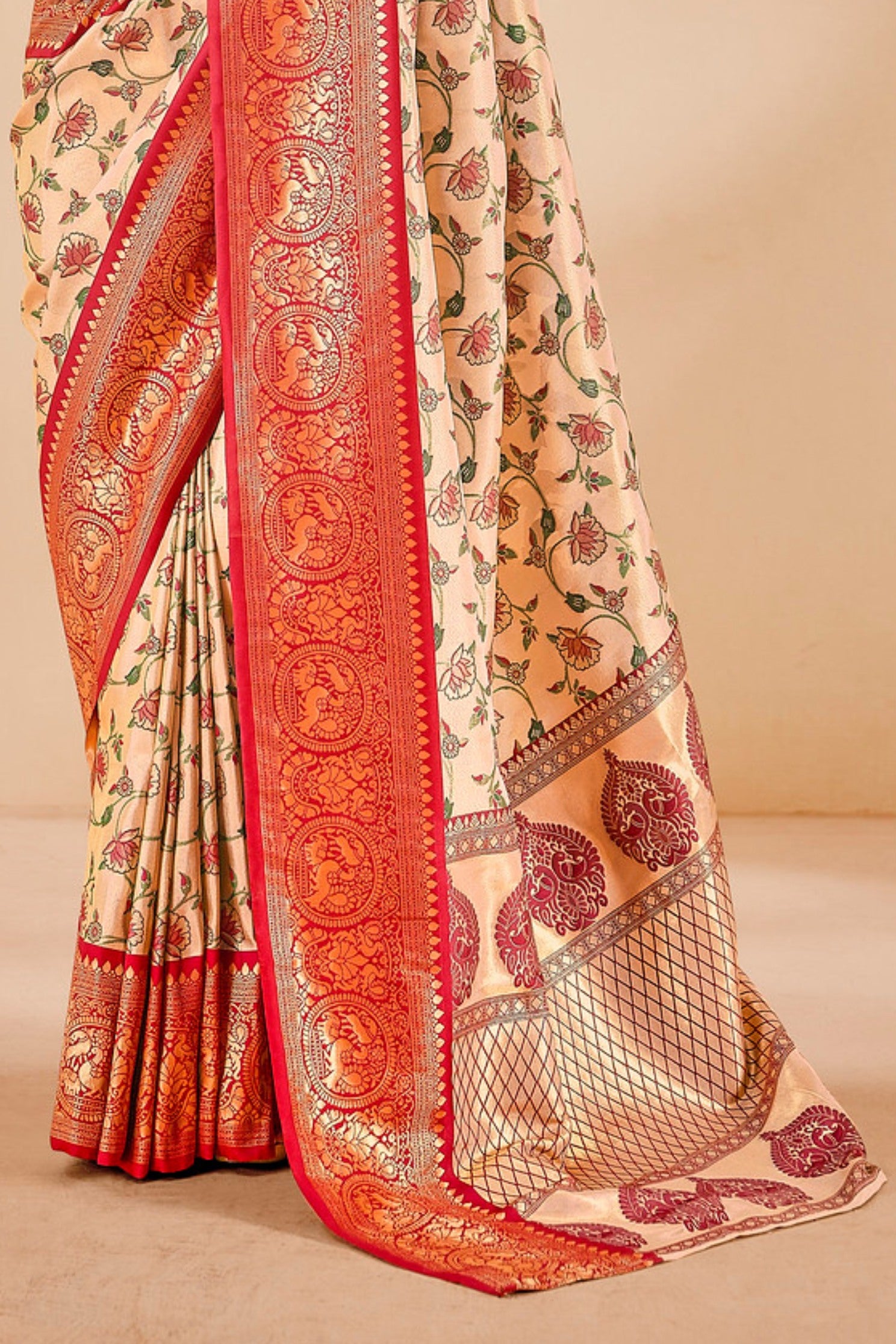 Buy MySilkLove Pancho Cream and Red Zari Woven Banarasi Saree Online