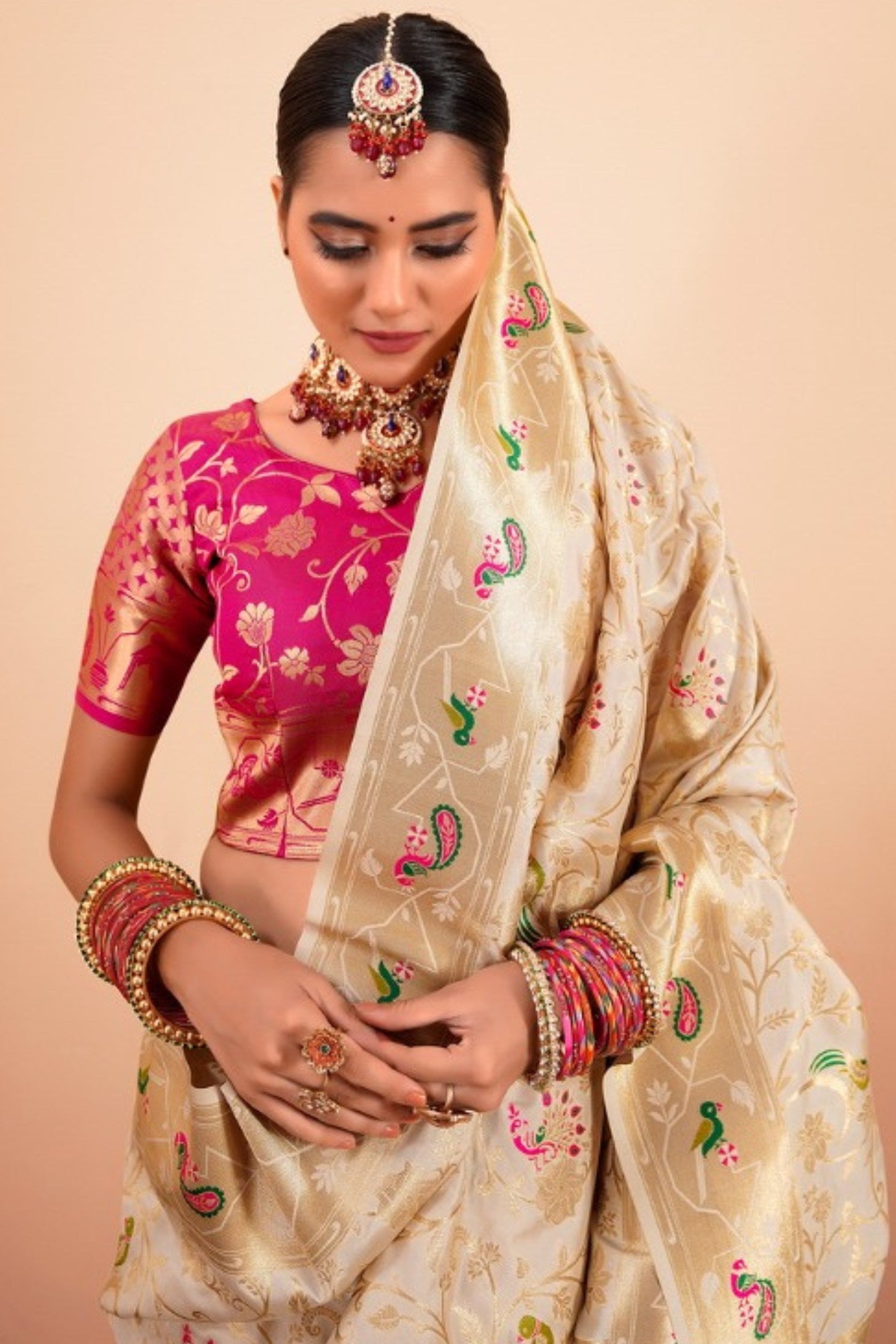 Buy MySilkLove Vanilla Cream Woven Paithani Saree Online