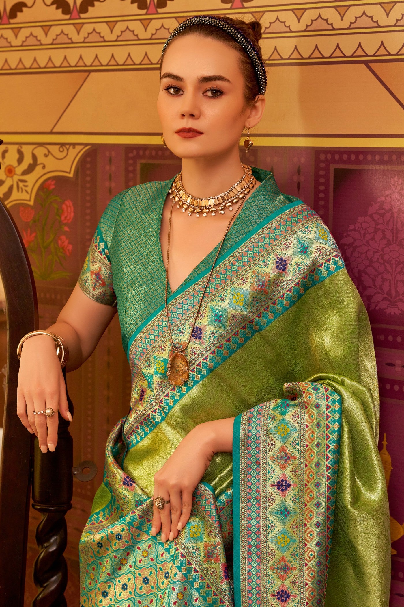 Buy MySilkLove Wild Willow Green Woven Tissue Silk Saree Online