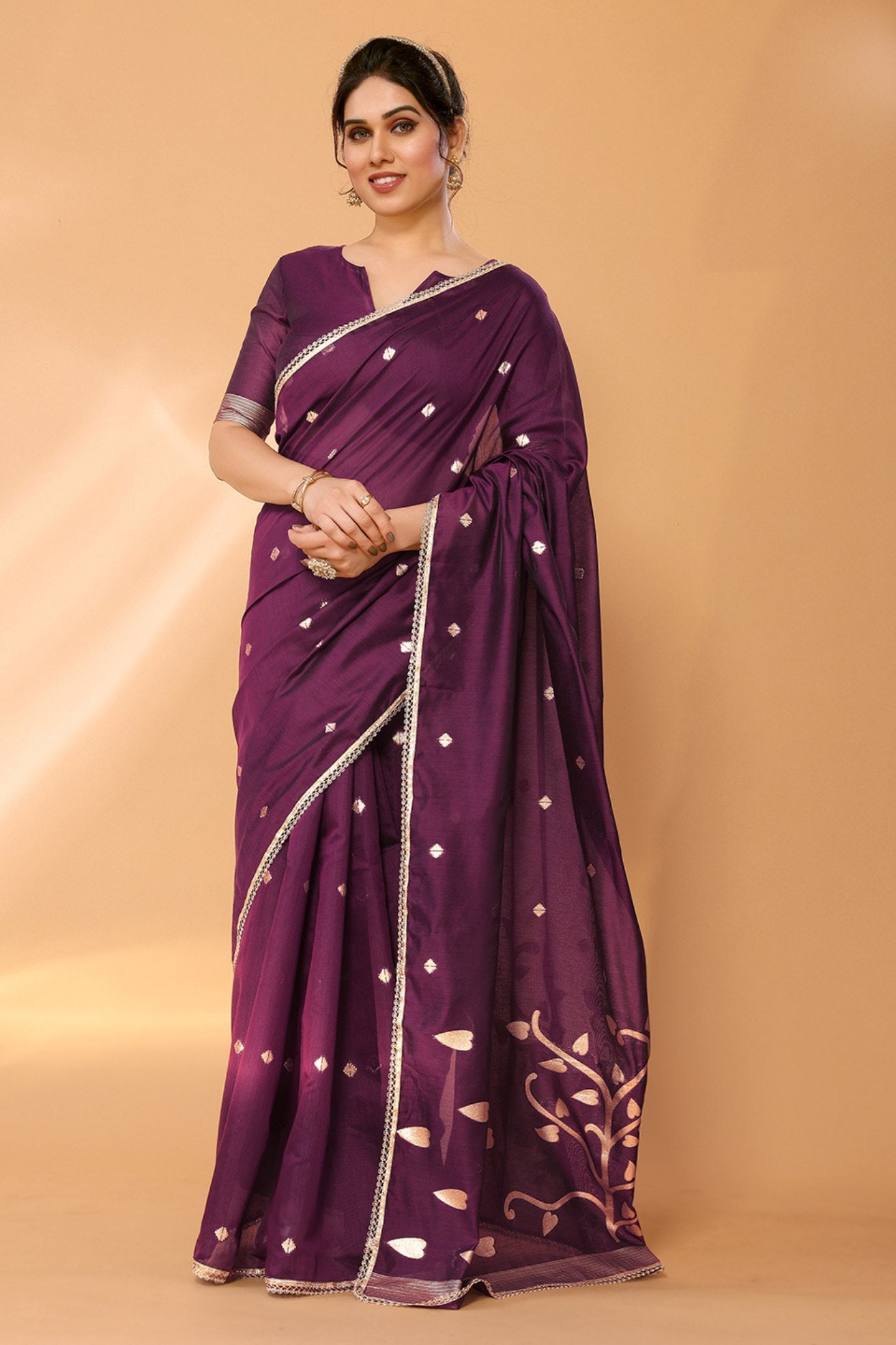 Buy MySilkLove Tawny Port Purple Woven Chanderi Cotton Saree Online