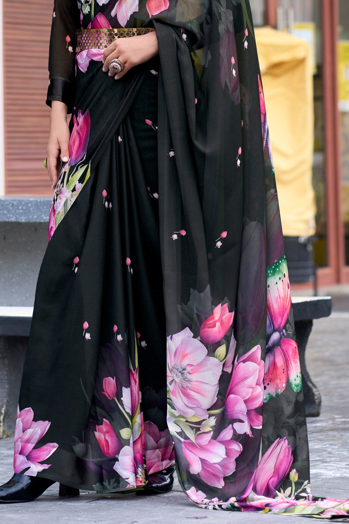 Buy MySilkLove Bunker Black Printed Georgette Saree Online