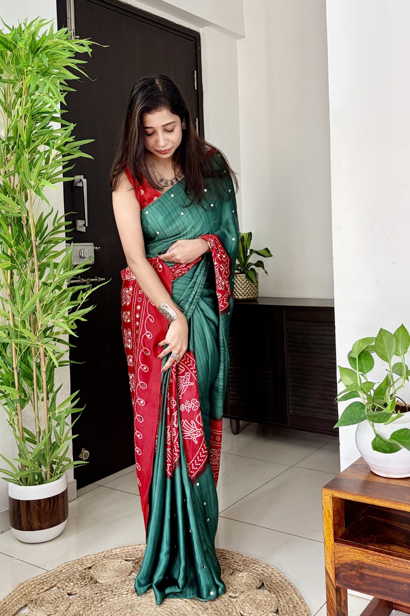 Buy MySilkLove Myrtle Green and Red Gaji Bandej Satin Soft Silk Saree Online