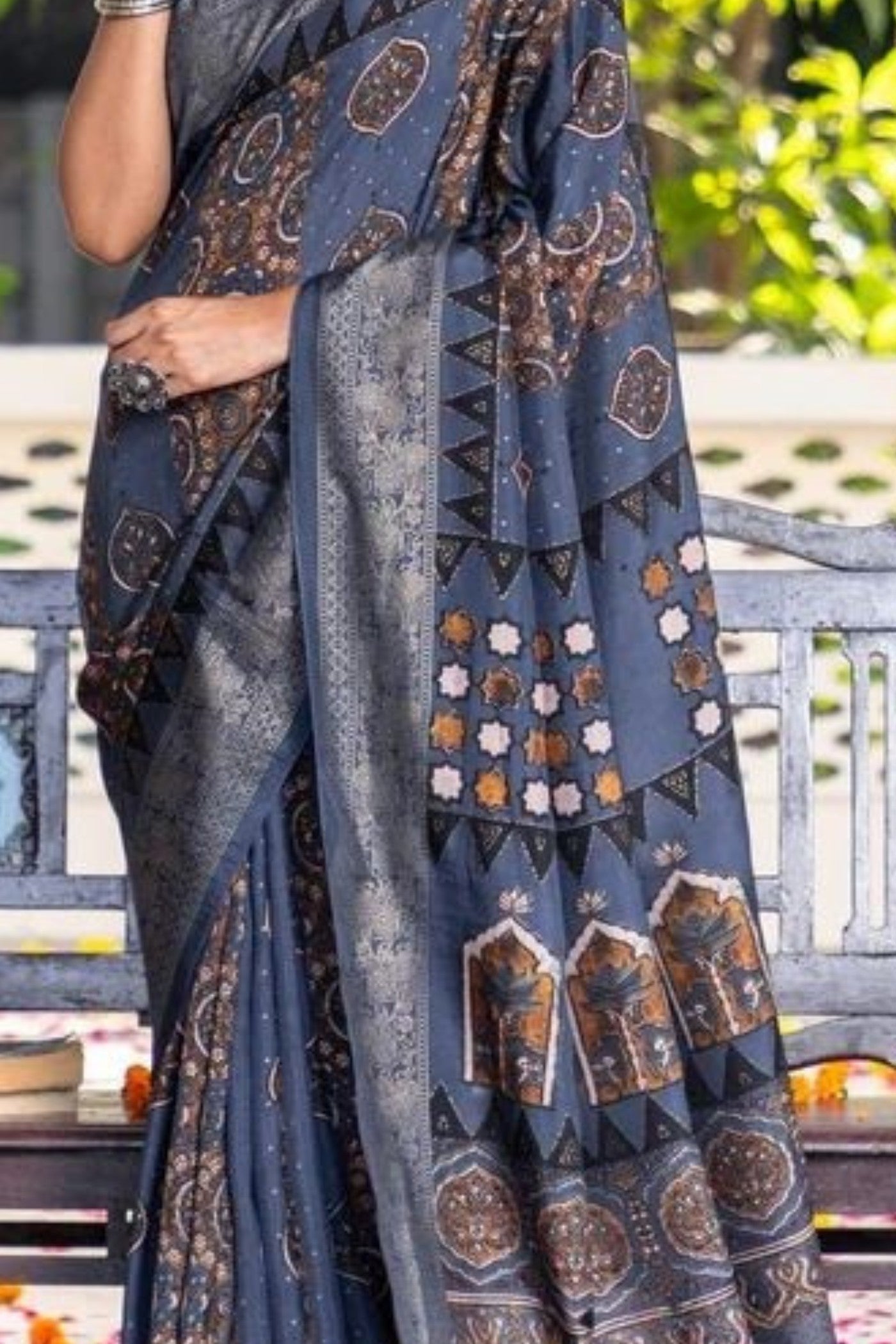 Buy MySilkLove Cloudy Grey Ajrakh Digital Printed Satin Saree Online