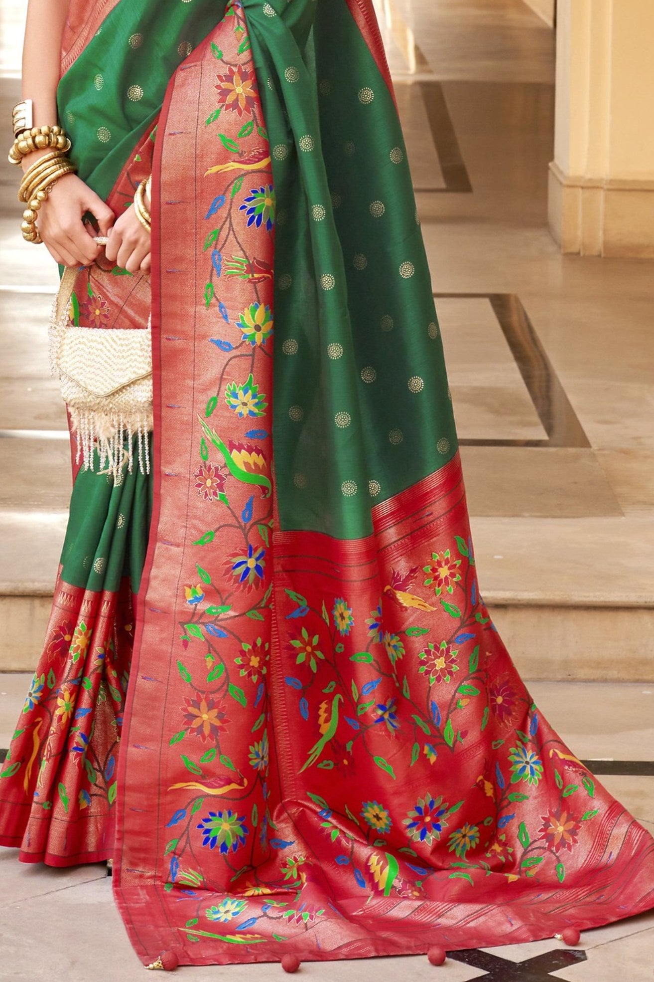 Buy MySilkLove Forewst Green and Red Woven Paithani Designer Saree Online