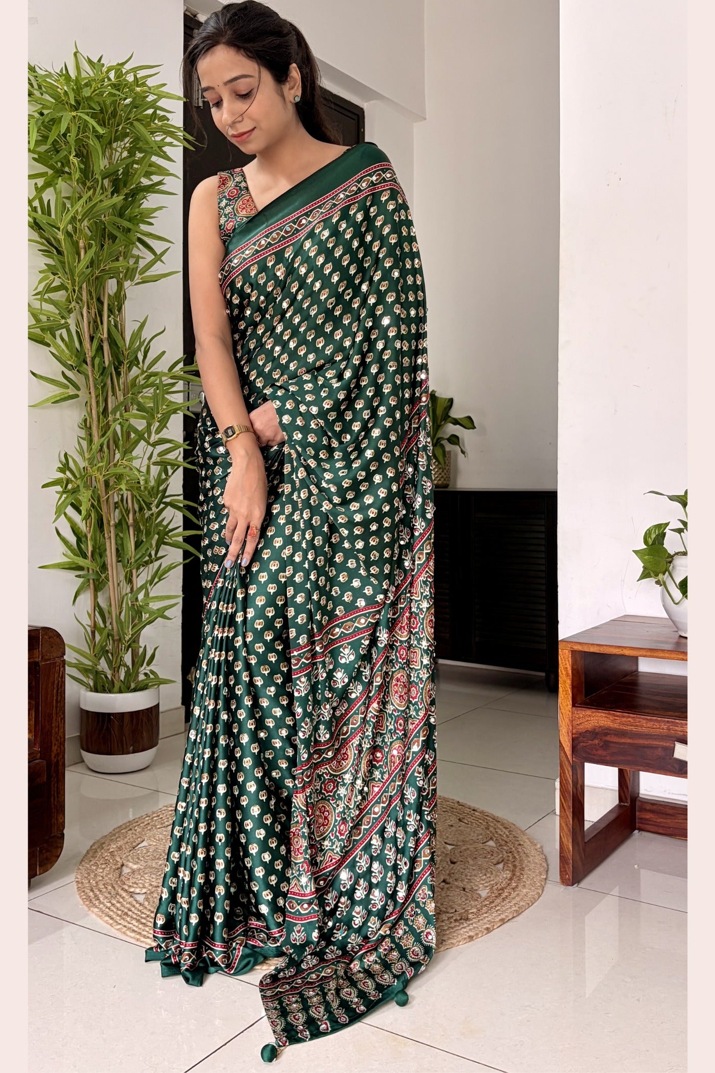 Buy MySilkLove Hunter Green Modal Ajrakh Satin Printed Mirror Work Saree Online