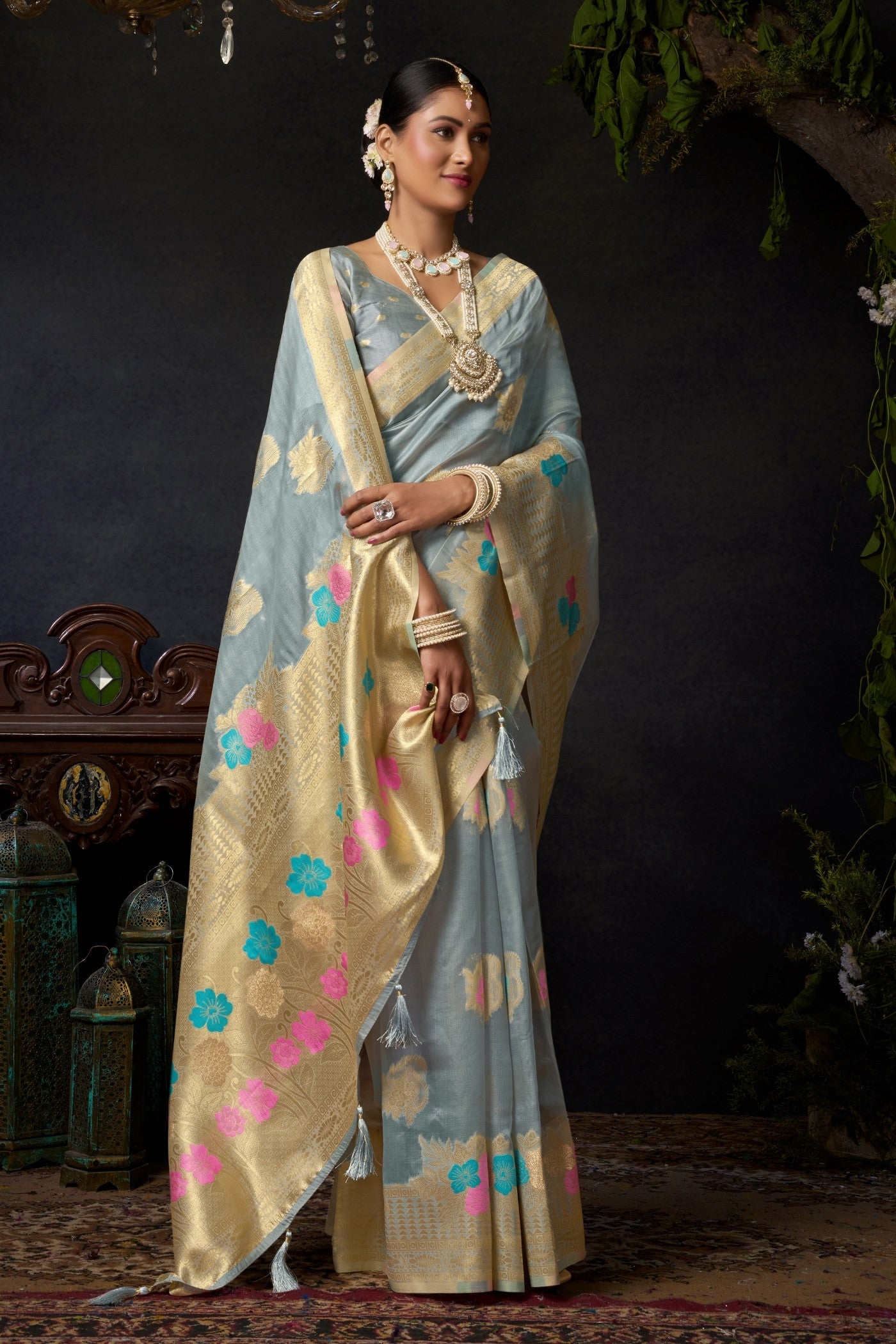 Buy MySilkLove Silver Grey Woven Banarasi Organza Saree Online