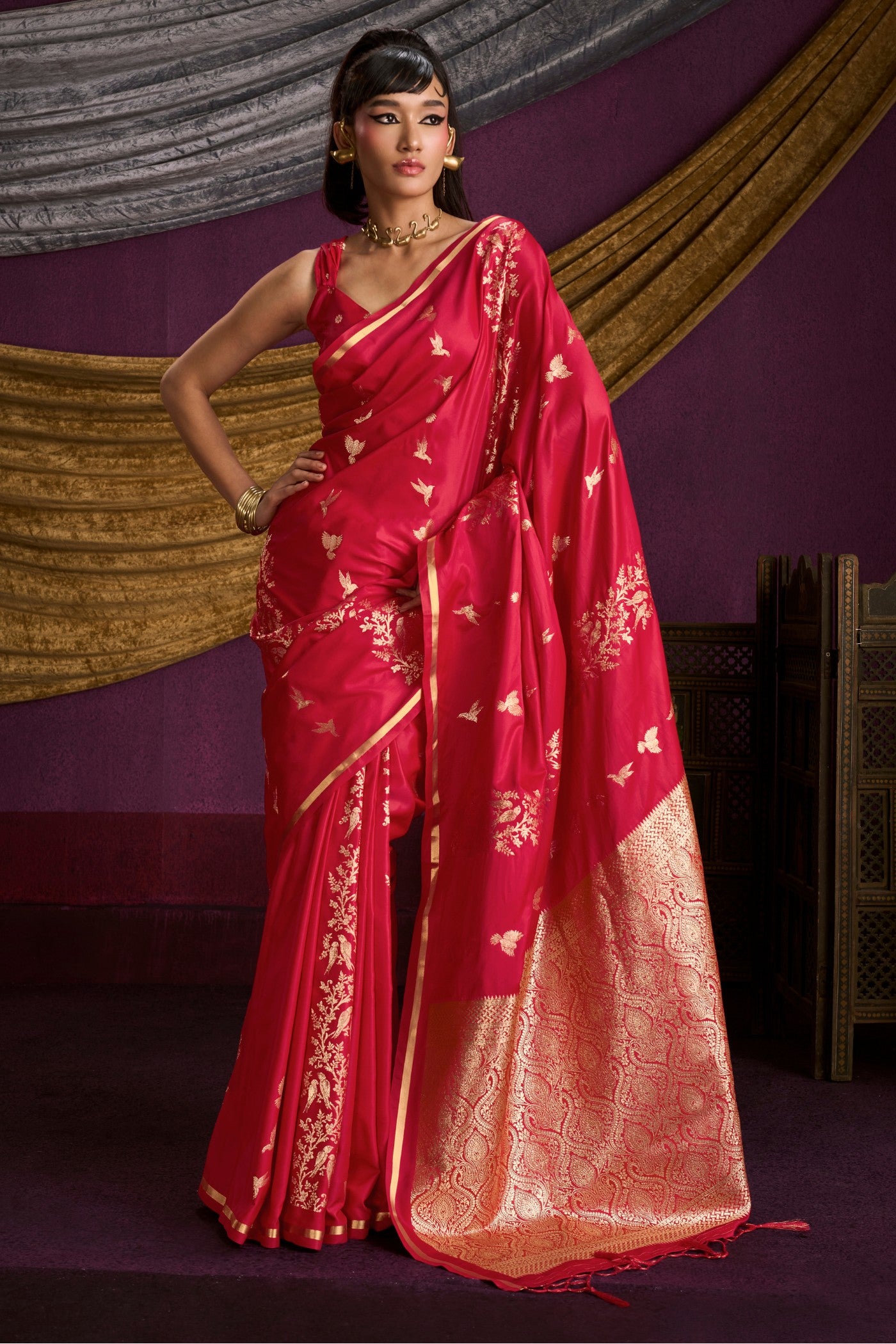 Buy MySilkLove Tomato Red Handloom Satin Silk Saree Online