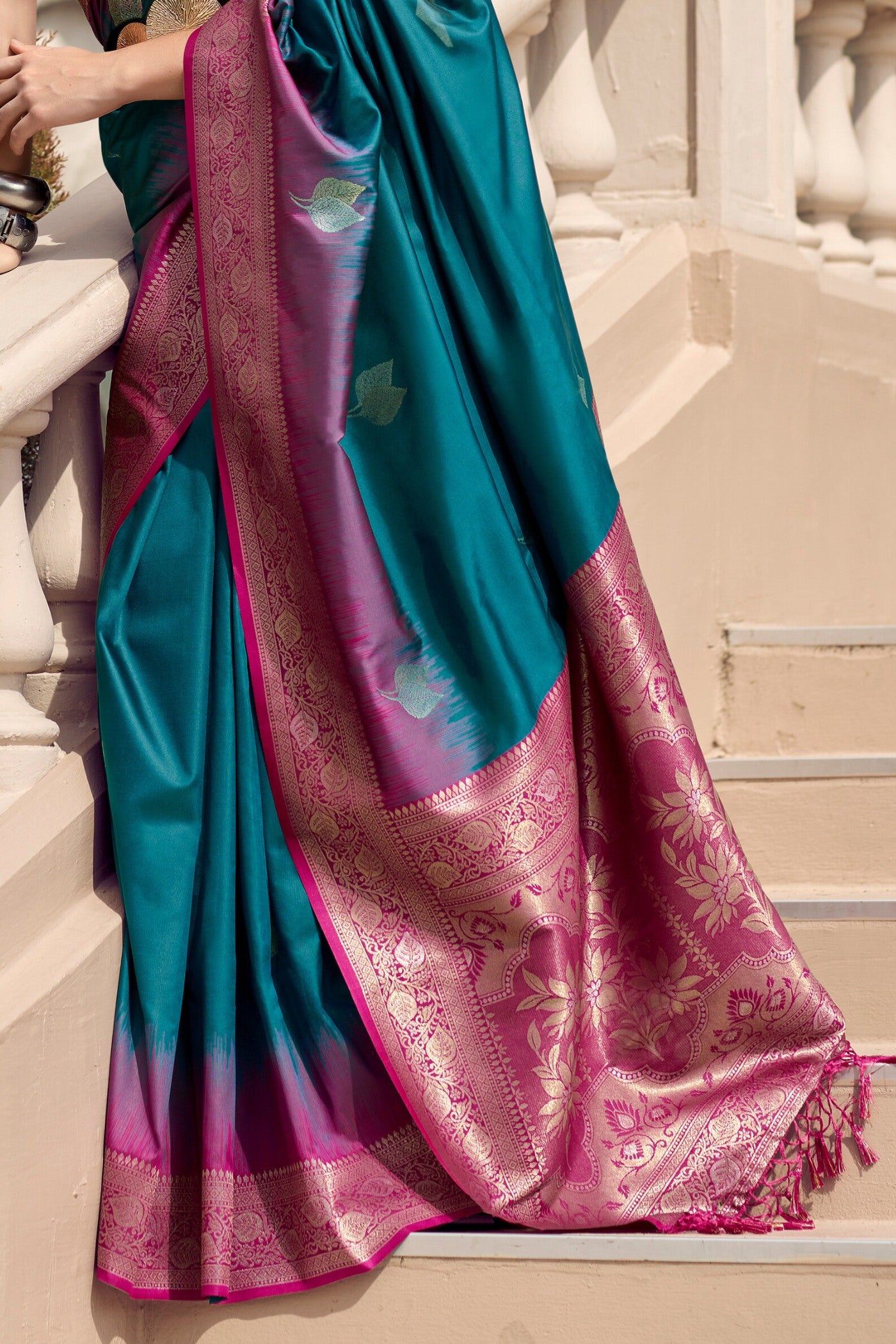 Buy MySilkLove Seaweed Blue Woven Banarasi Soft Silk Saree Online