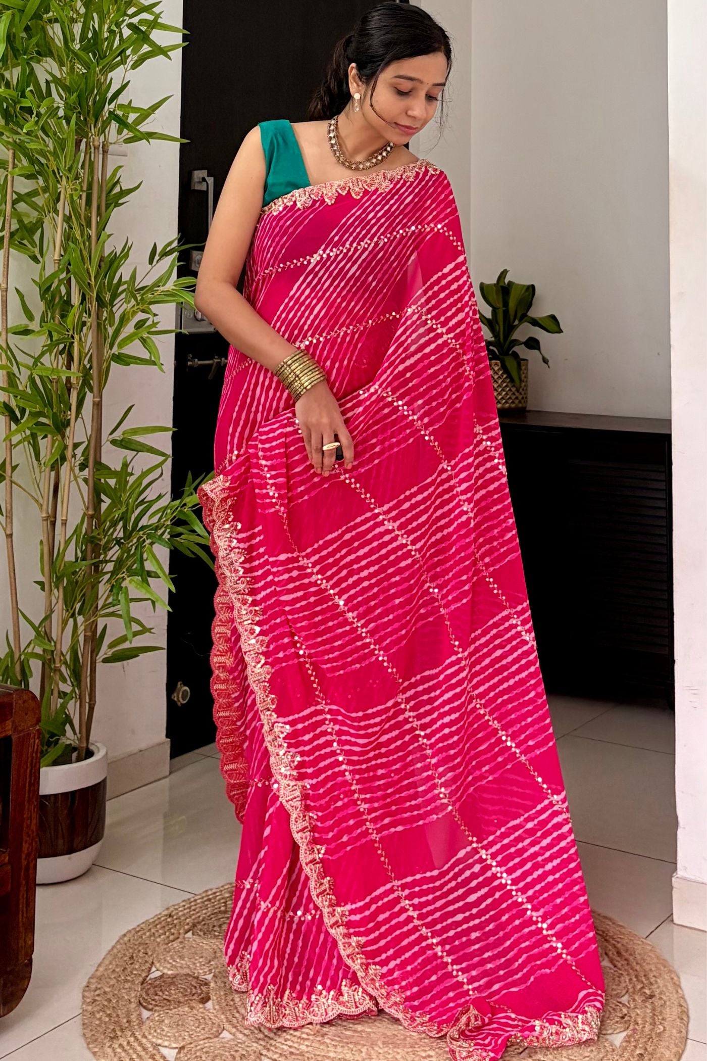 Buy MySilkLove Ruby Pink Designer Bandhani Saree with Designer Handwork Blouse Online