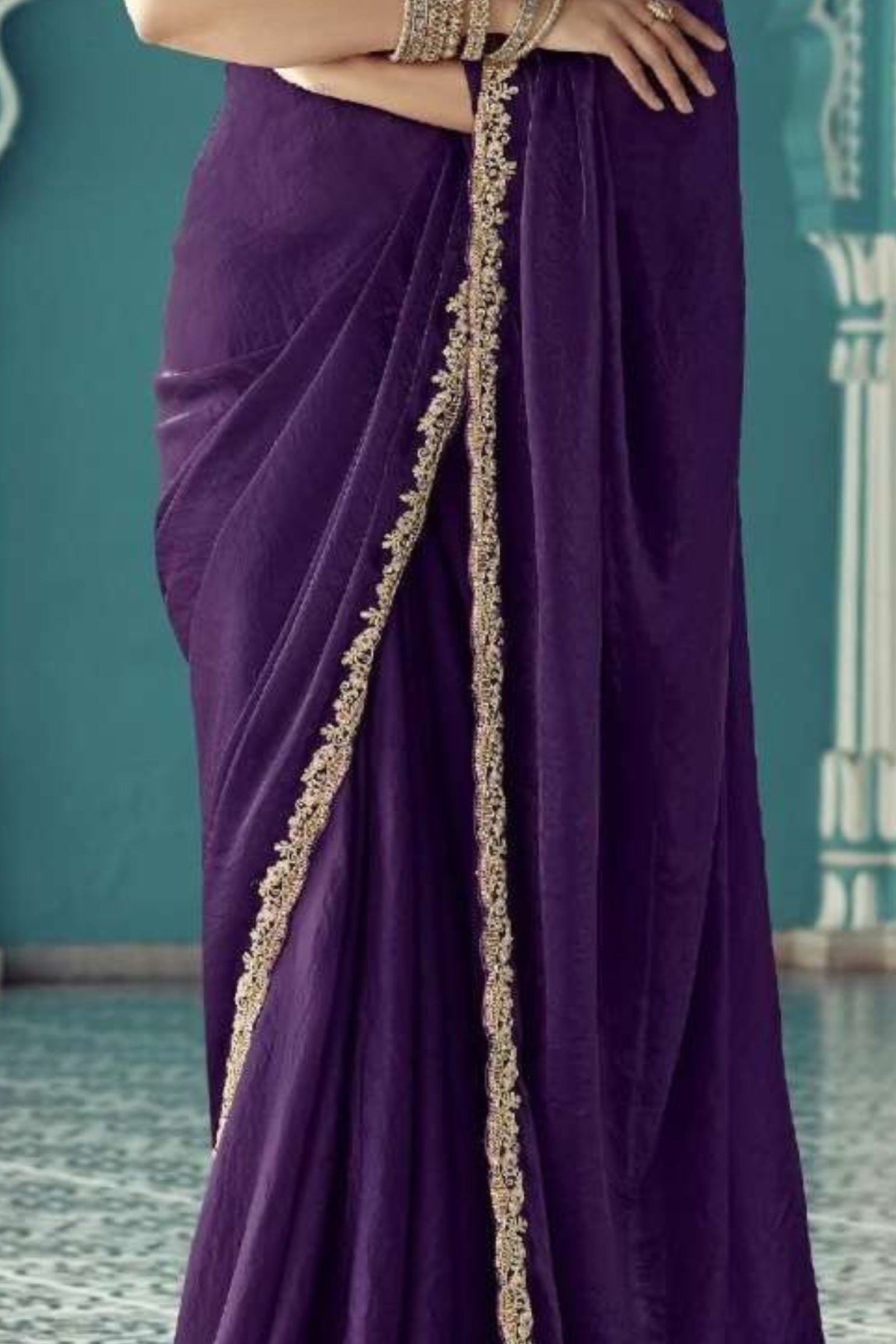 Buy MySilkLove Ebony Purple Embroidered Tissue Designer Saree Online