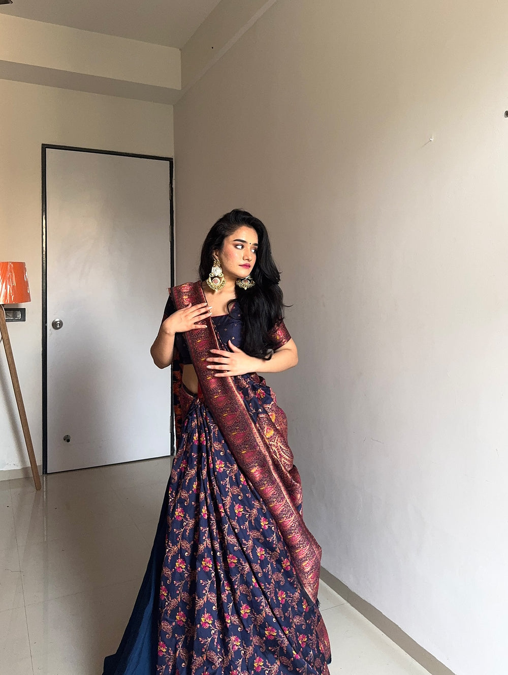 Buy MySilkLove Navy Blue Woven Pashmina Silk Saree Online