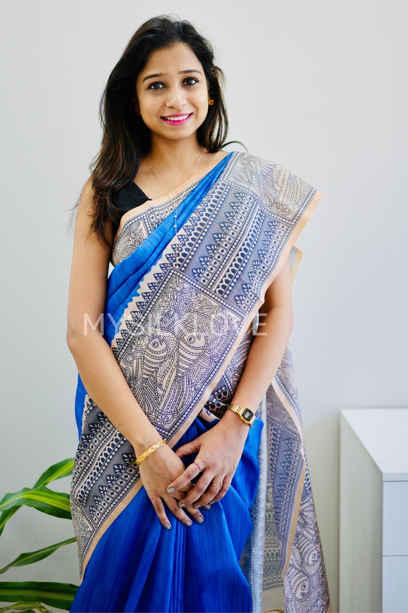 Buy MySilkLove Water Blue Madhubani Printed Silk Saree Without Blouse Online