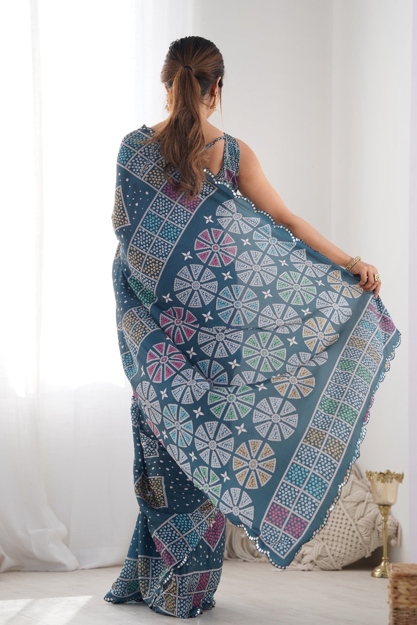 Buy MySilkLove Chambray Blue Digital Printed Chinon Saree Online