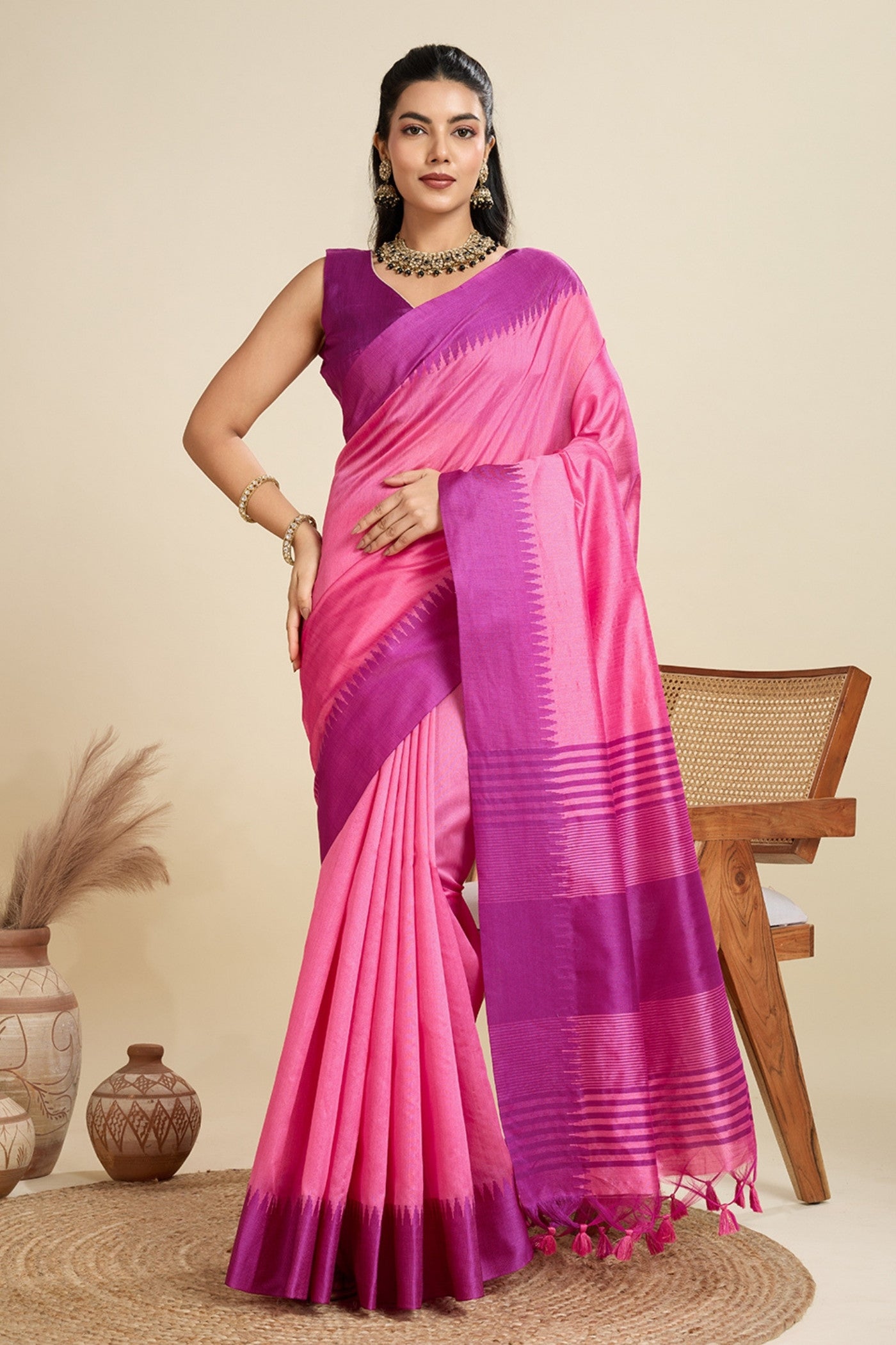 Buy MySilkLove Neon Pink Woven Raw Silk Saree Online