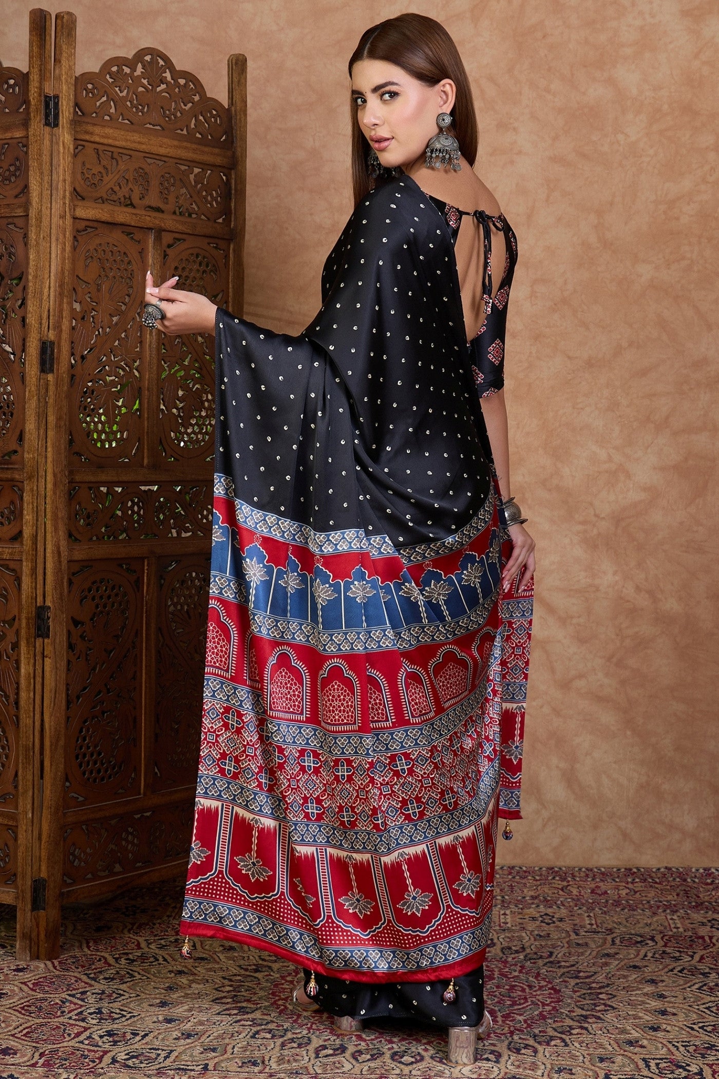 Buy MySilkLove Obsidian Black Ajrakh Printed Satin Crepe Silk Saree Online