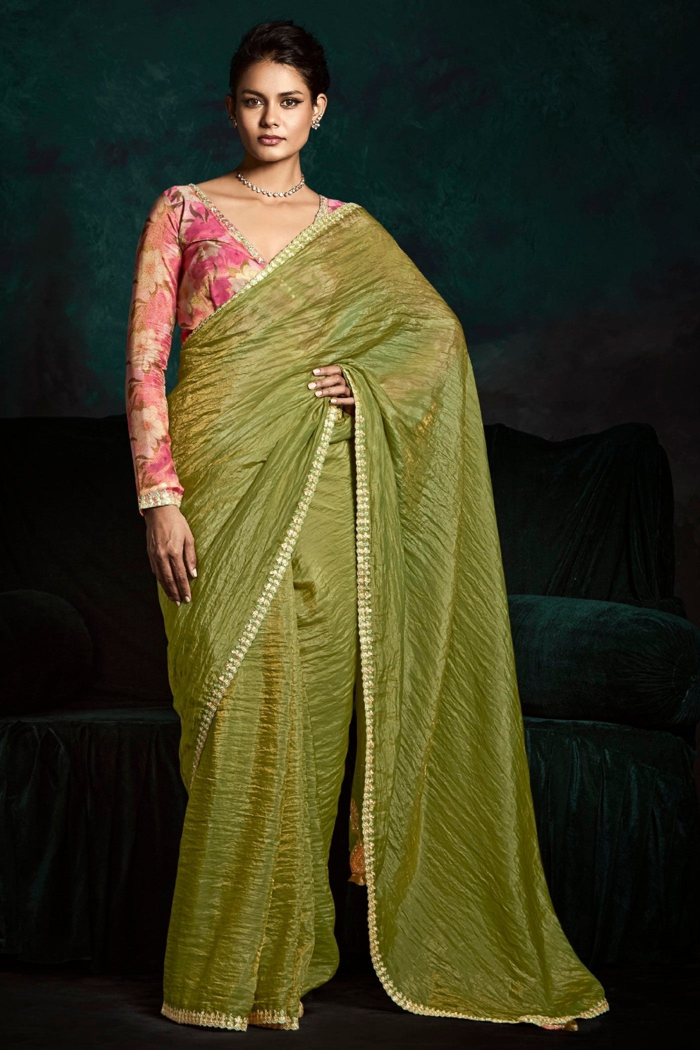 Buy MySilkLove Olivetone Green Embroidered Tissue Designer Saree Online