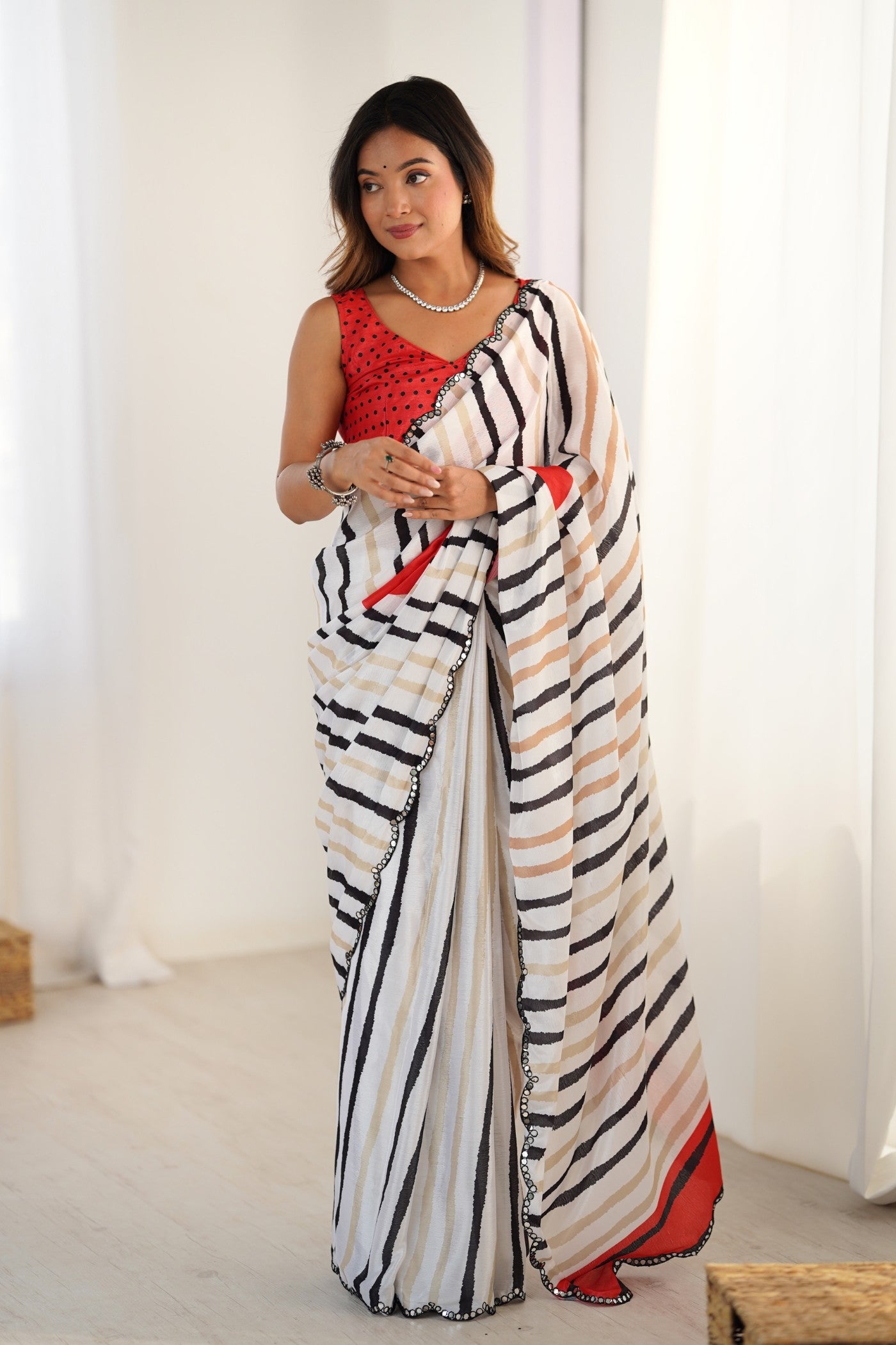 Buy MySilkLove Daisy White Strips Chinon Partywear Saree Online