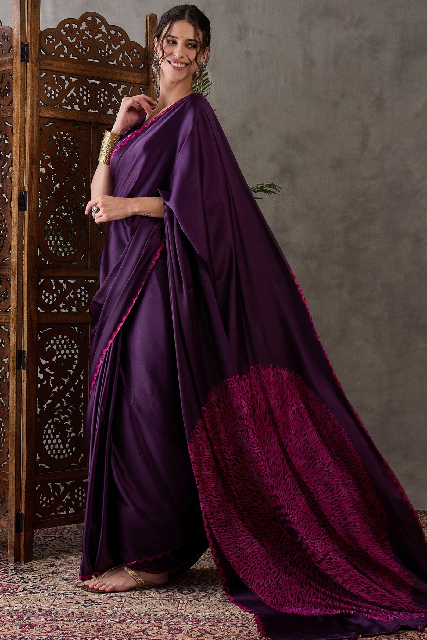 Buy MySilkLove Rebecca Purple Printed Satin Gaji Silk Saree Online