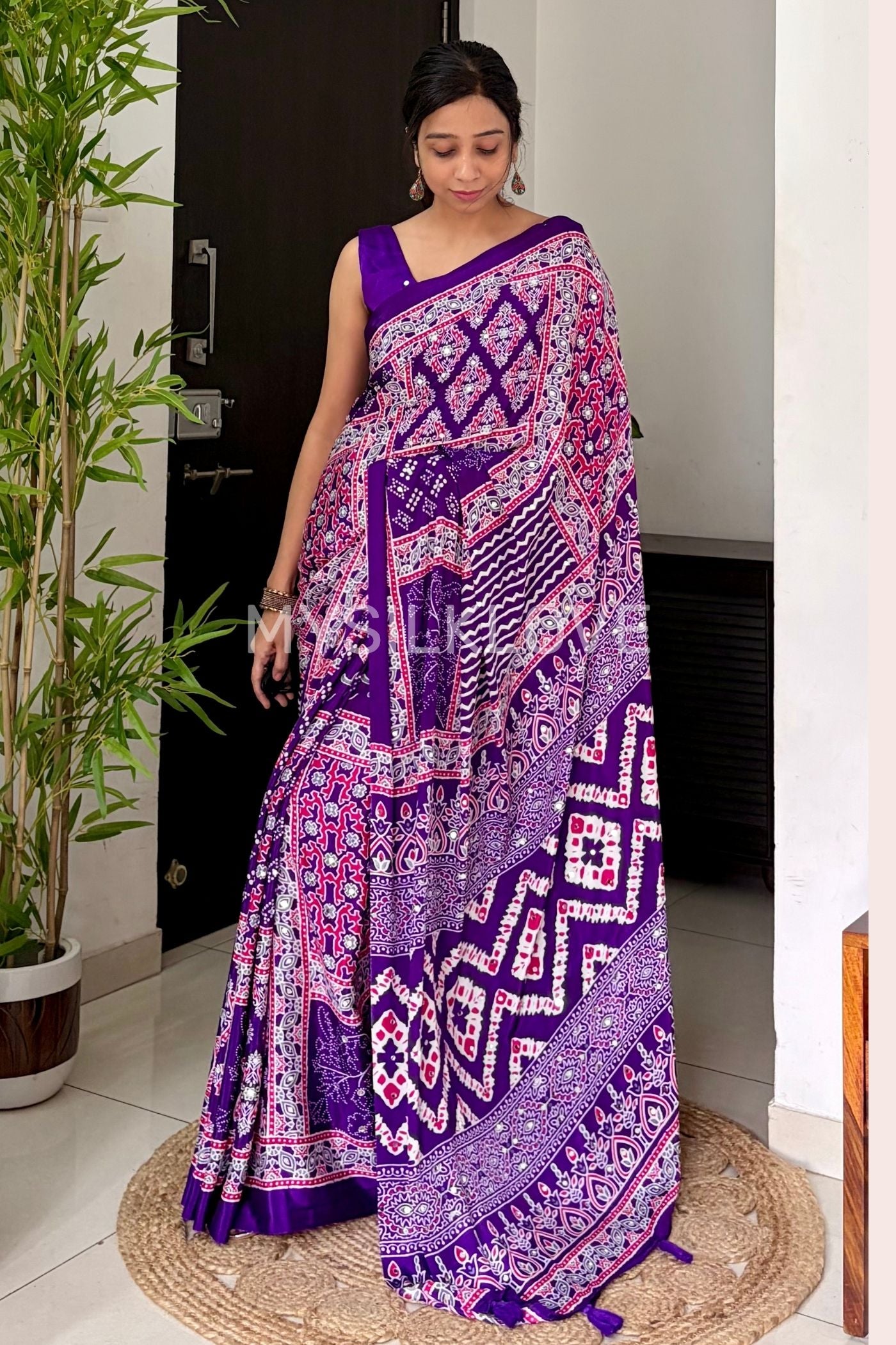 MySilkLove Insolent Purple Ajrakh Satin Printed Mirror Work Saree